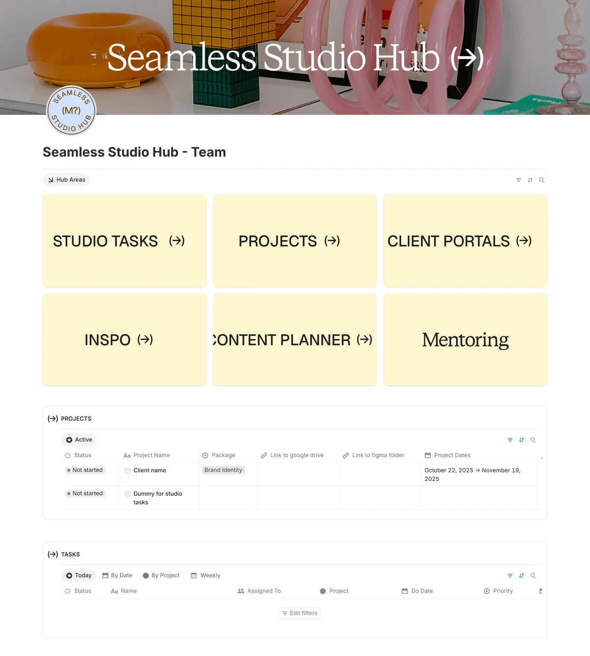 The Team version of the Seamless Studio Hub dashboard, with an extra Mentoring area
