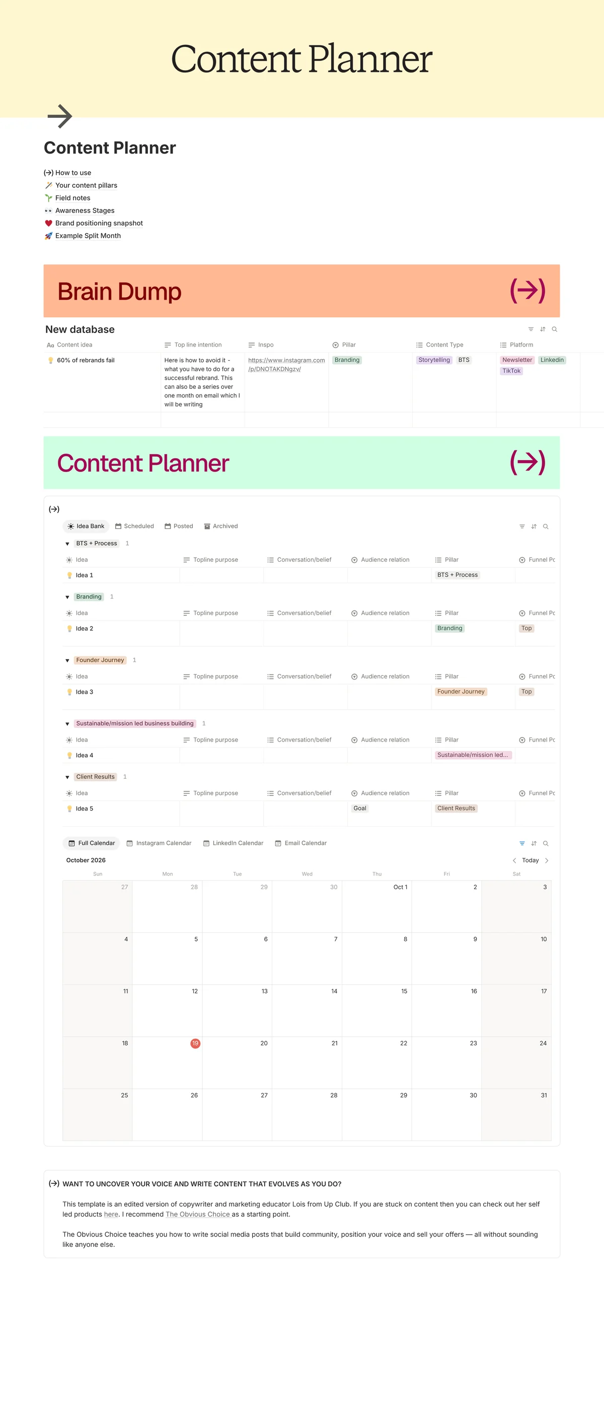 The content planner in the Seamless Studio Hub: links to content pillars, field notes, awareness stages and brand positioning, a brain dump table, an idea bank grouped by pillar and a monthly content calendar