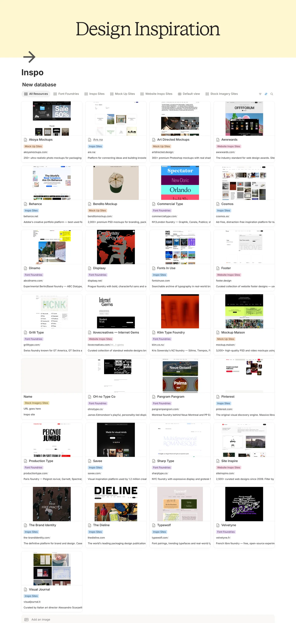 The Inspo page in the Seamless Studio Hub: a directory of design inspiration resources such as mockup sites, font foundries and inspo sites, each with a link and description