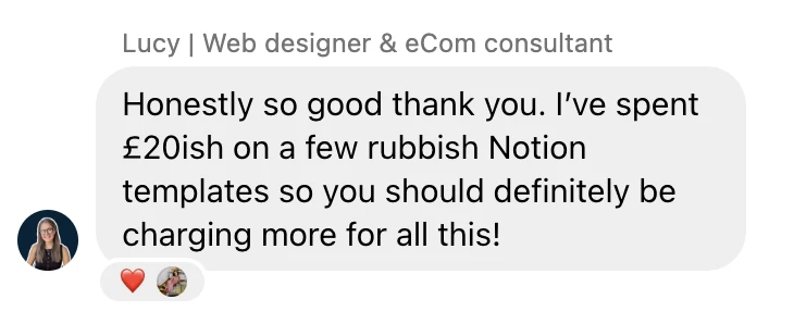 Message from Lucy, web designer and eCom consultant: "Honestly so good thank you. I've spent £20ish on a few rubbish Notion templates so you should definitely be charging more for all this!"