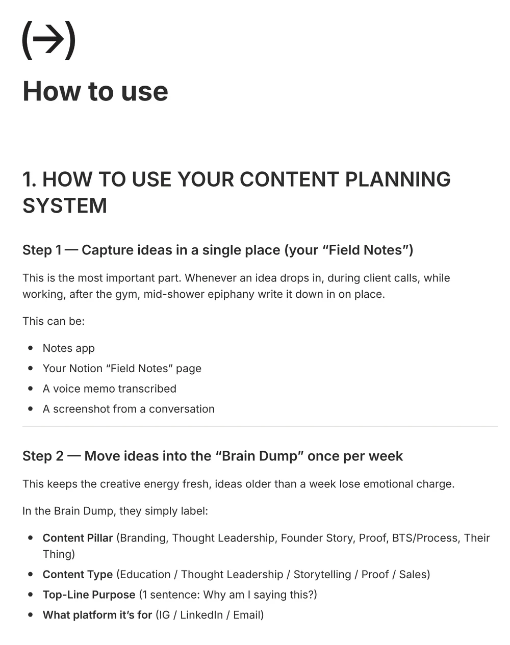 The How to use page of the content planner: step-by-step instructions for capturing ideas, moving them into the brain dump and choosing posts to develop each week
