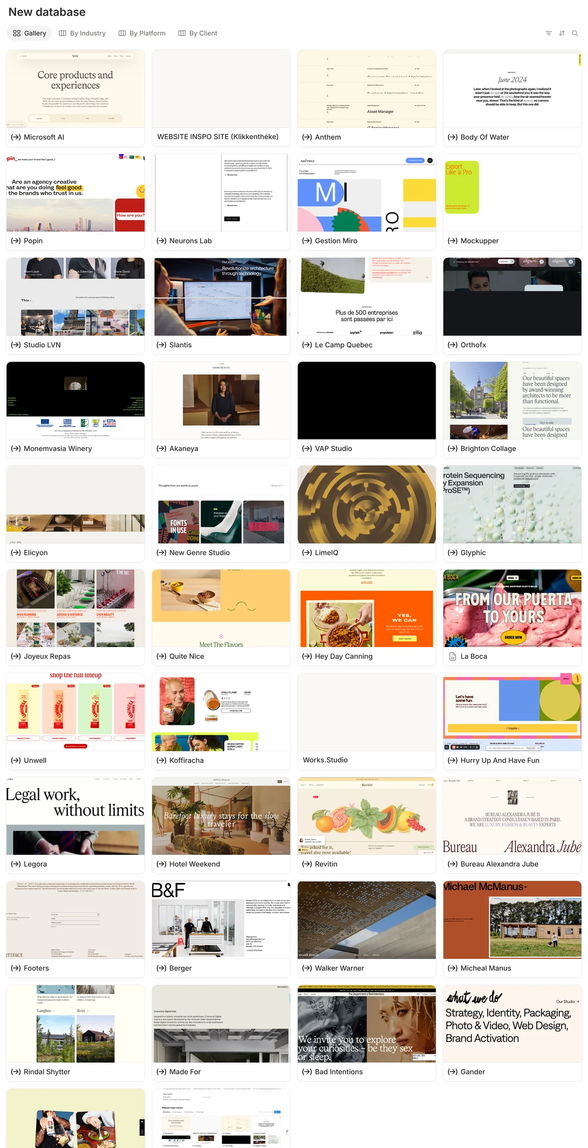 The website inspiration library: a gallery of saved website screenshots from studios and brands, sortable by industry, platform and client