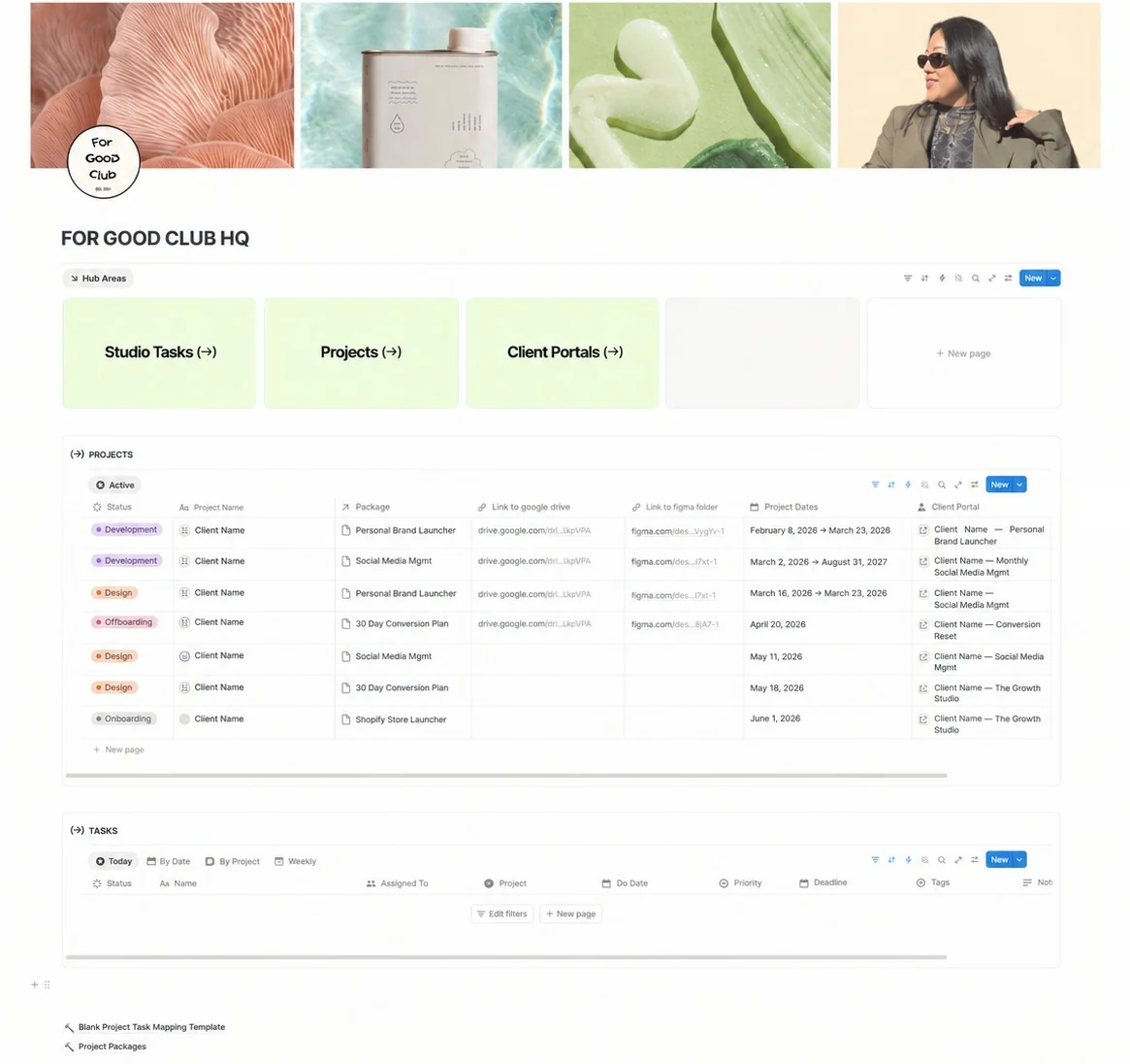 For Good Club's studio HQ in the Seamless Studio Hub: hub areas for Studio Tasks, Projects and Client Portals, a projects table with status, package, Drive and Figma links, and a task list