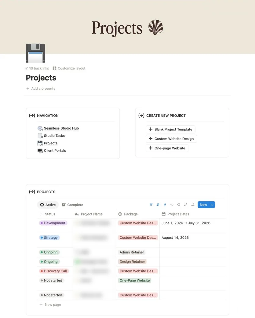 Meraki Studio's Projects page in the Seamless Studio Hub: one-click buttons for each project template and a table of every project with status, package and dates
