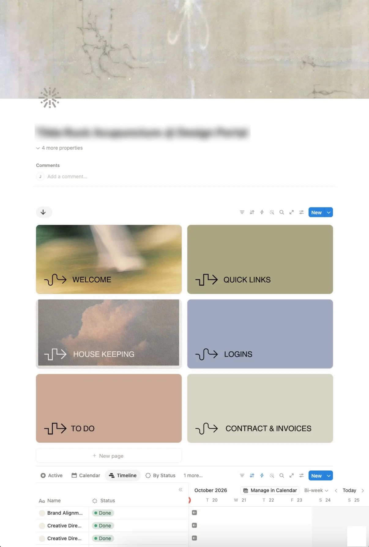 A design client portal built by Hazy Agency with the Seamless Studio Hub: photo cards for Welcome, Quick Links, House Keeping, Logins, To Do and Contract and Invoices, above a project timeline
