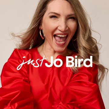 Jodanna Bird (Jo Bird) brand portrait in red with the Just Jo Bird logo