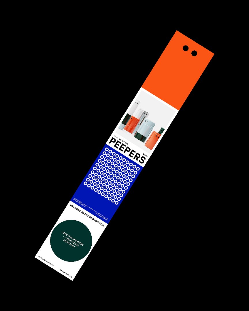 Odd Universe orange-and-white product insert card on a black background