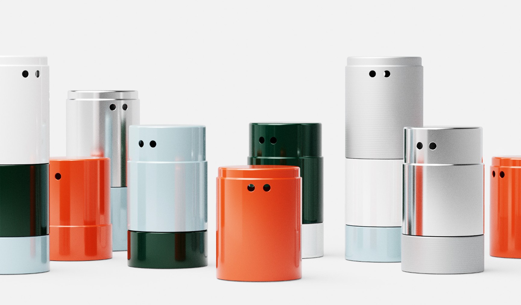 Odd Universe Peepers product range — cream, orange and grey cylindrical pieces lined up