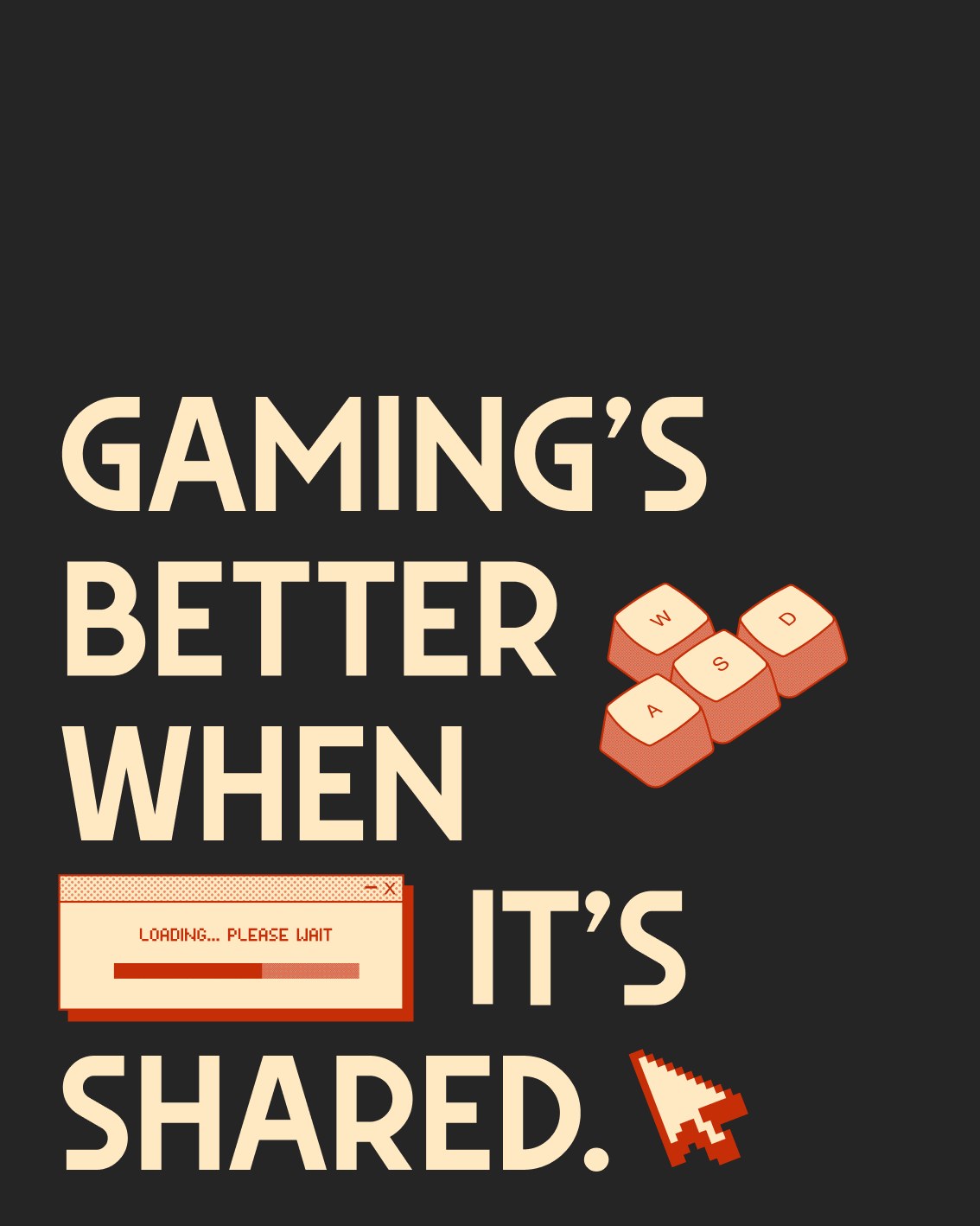 Playnist 'Gaming's Better When It's Shared' poster in black with red pixel and controller graphics