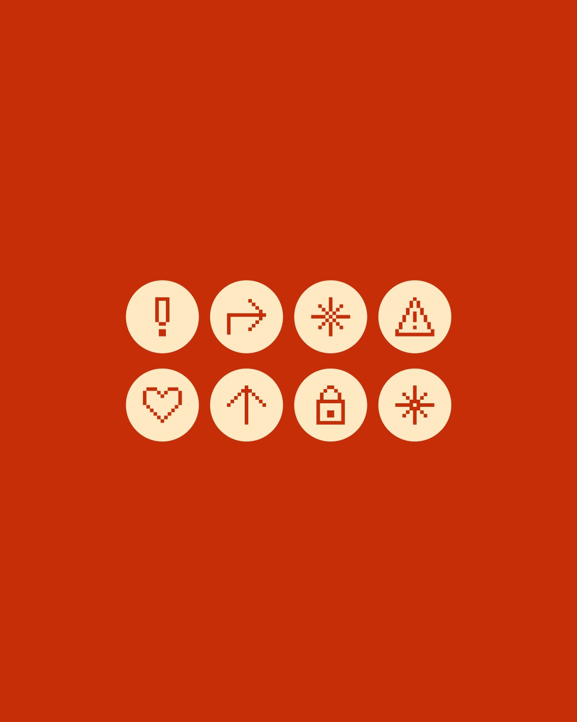 Playnist pixel-inspired badge icon suite as cream circular icons on a red background