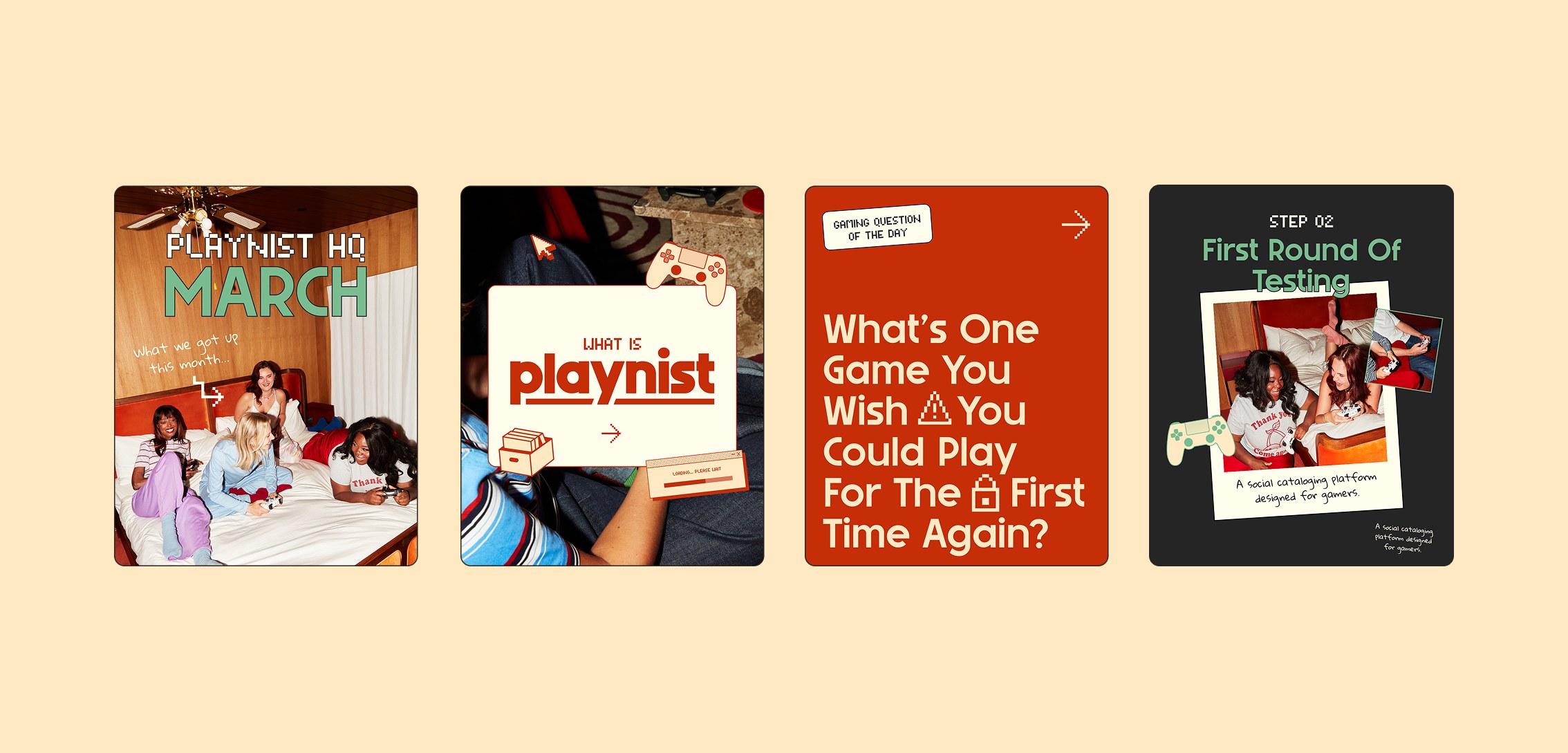 Playnist social templates showing the badge system and retro-modern brand layouts