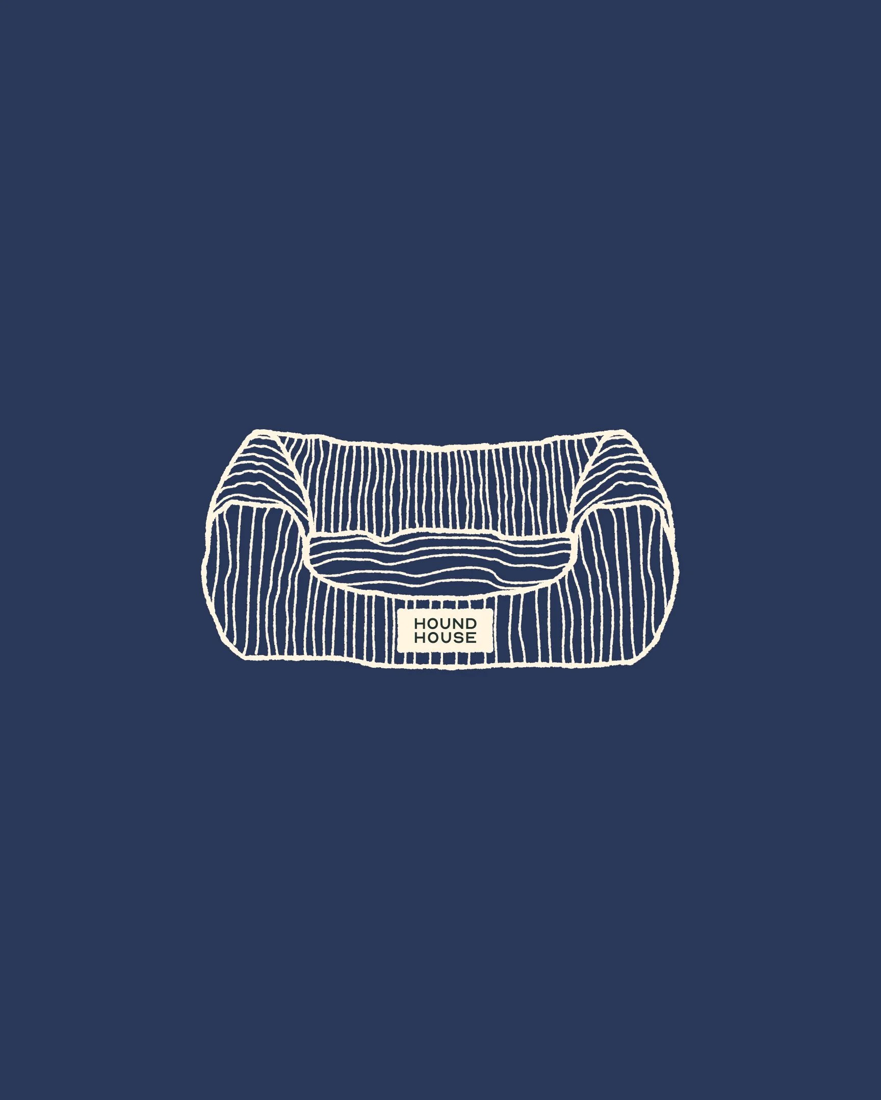 Hound House line illustration of a dog bed on a navy background