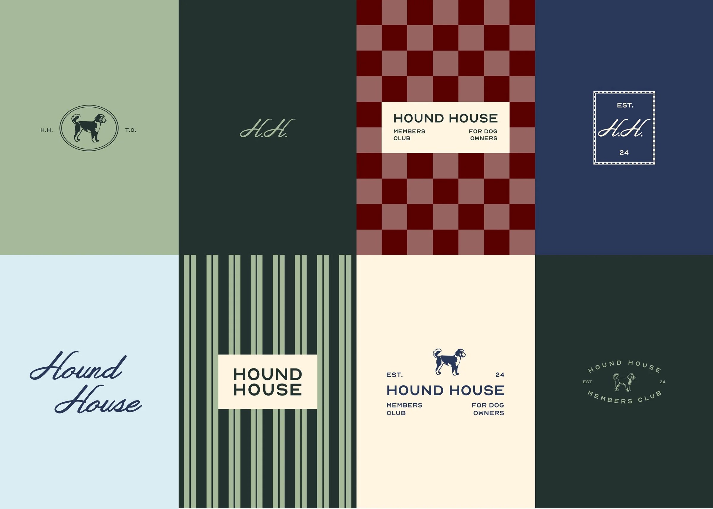 Hound House brand application board — green, cream and checkerboard panels with dog-icon graphics