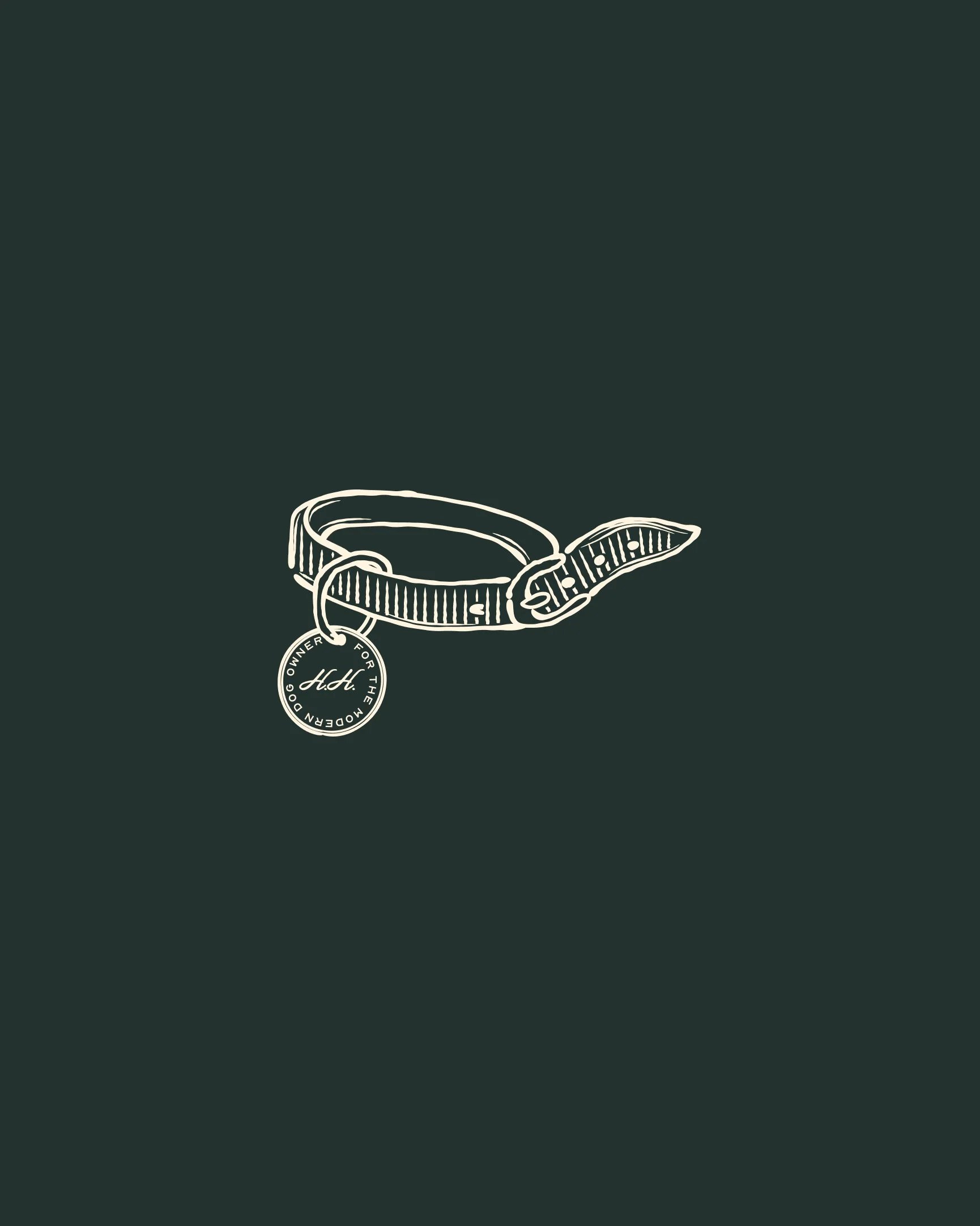 Hound House line illustration of a dog in a stroller on a dark green background