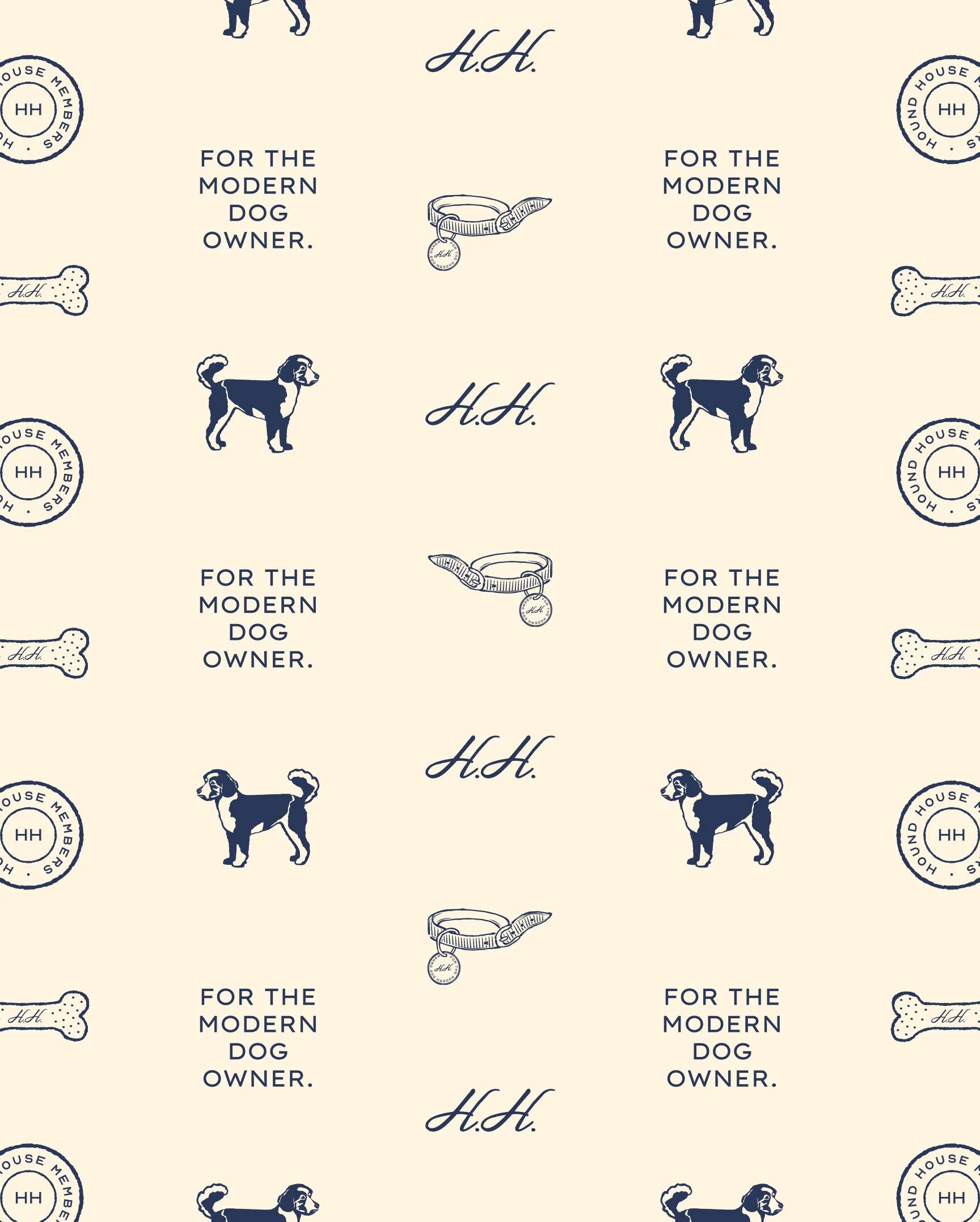 Hound House cream brand pattern of repeating dog icons and houndstooth motifs