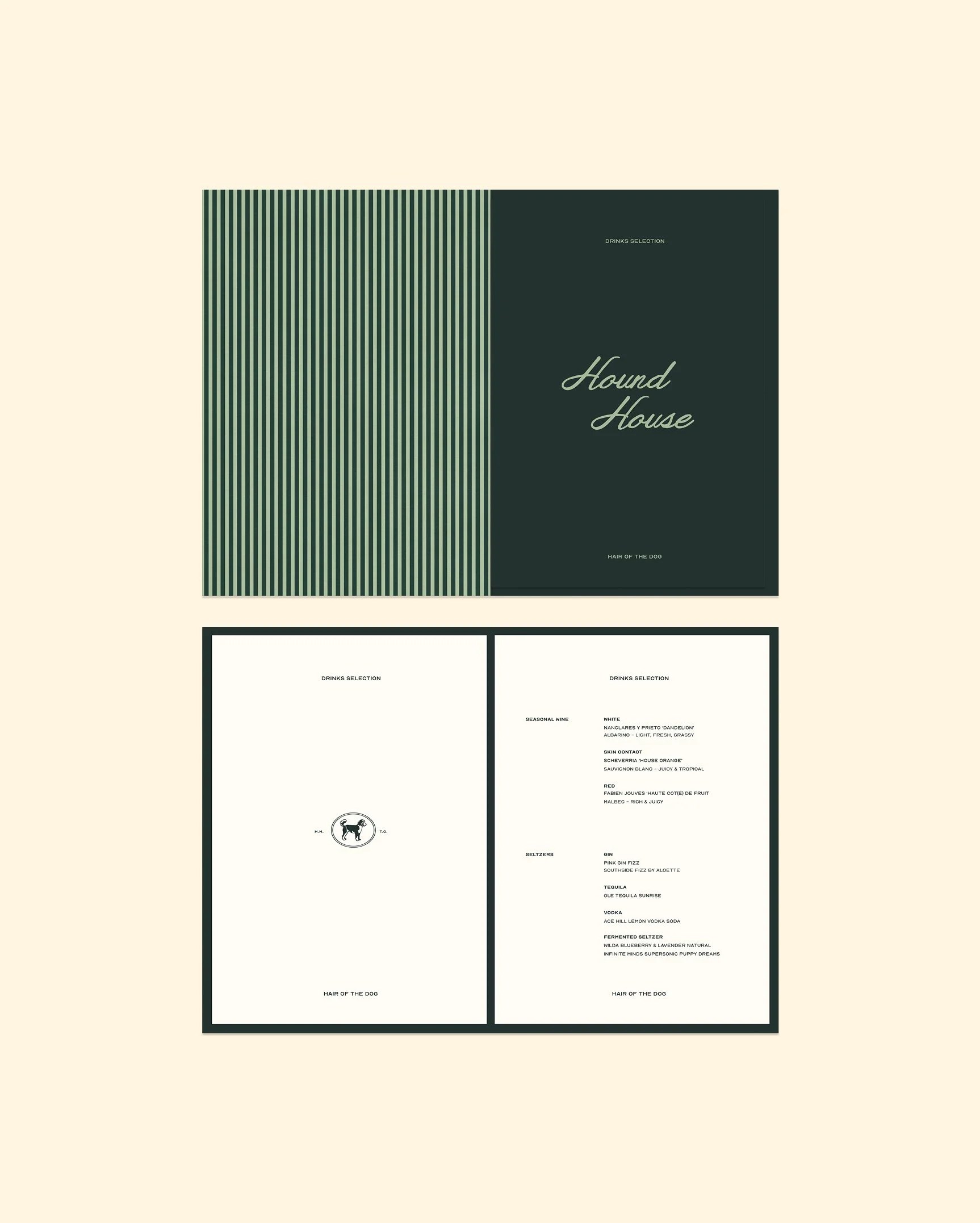 Hound House menu flatlay in green and cream with dog-icon detailing