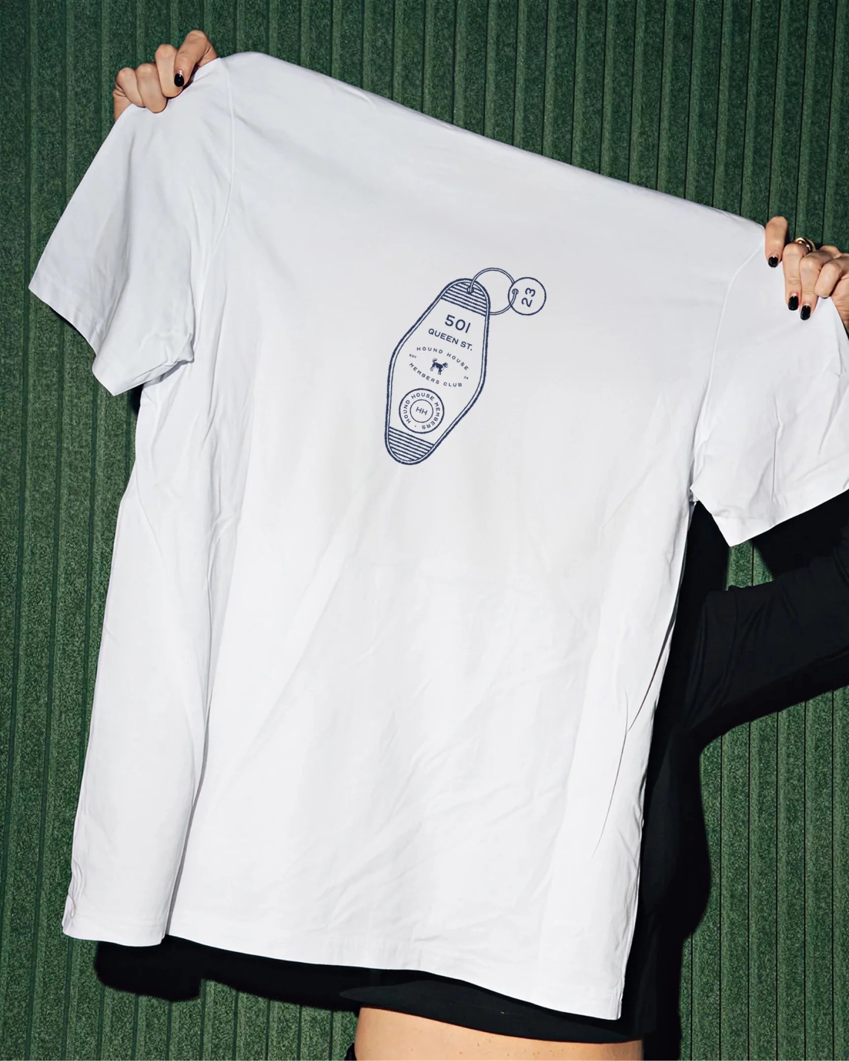 Hound House white t-shirt mockup with a dog-icon graphic