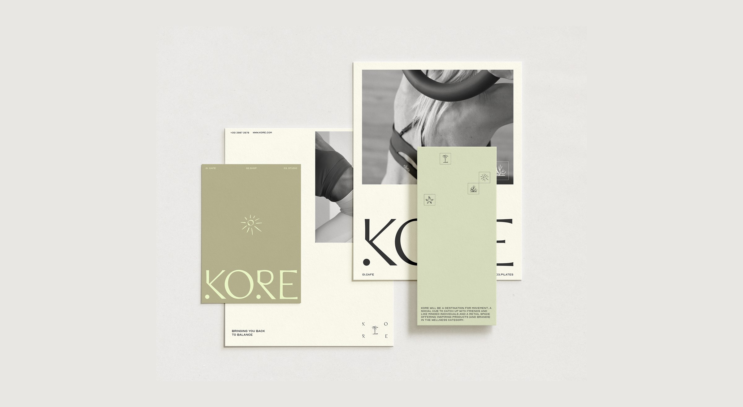 Kore Pilates website design mockup showing the brand identity across screens