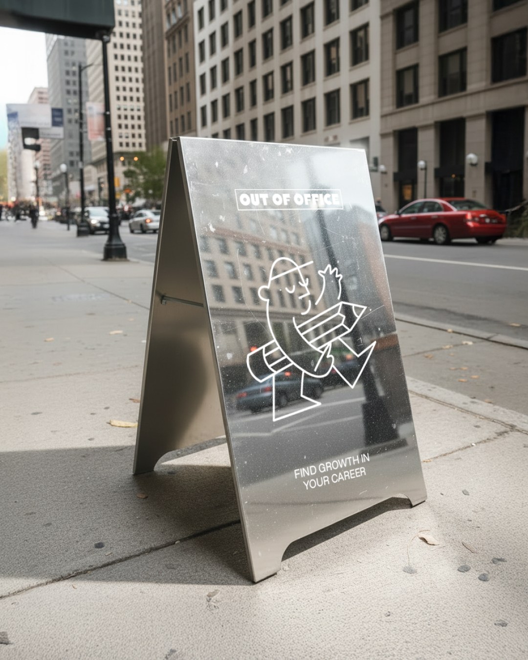 Out of Office A-frame pavement sign on a city street