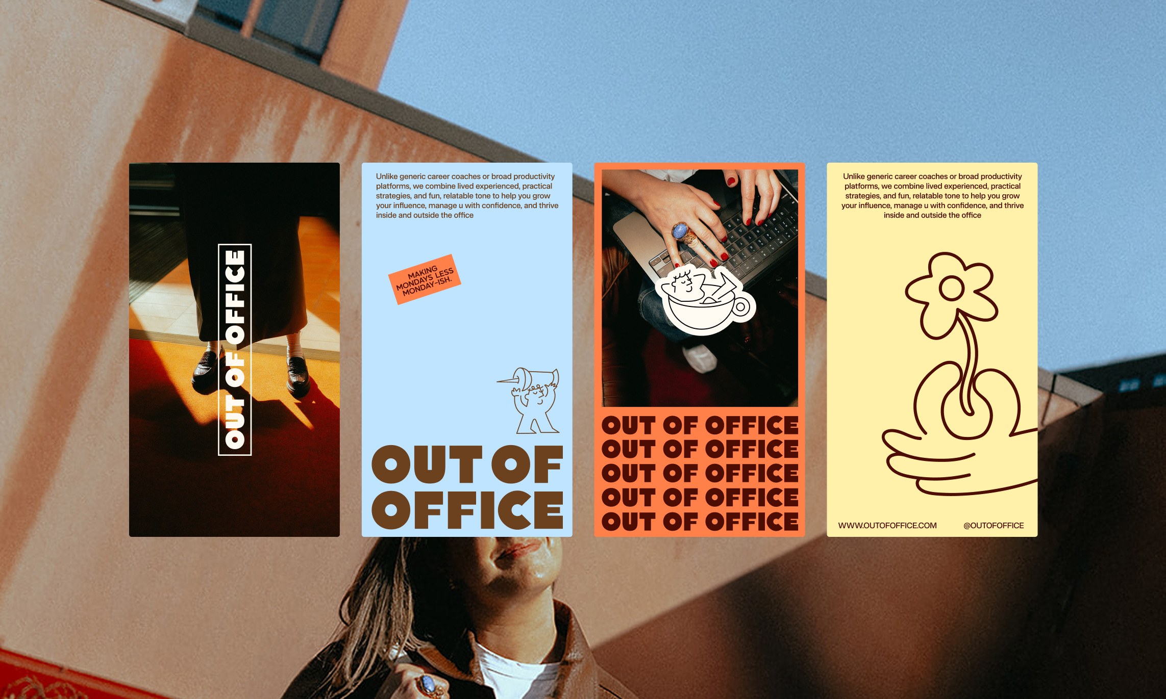 Out of Office brand collateral spread of posters and cards in the brand palette