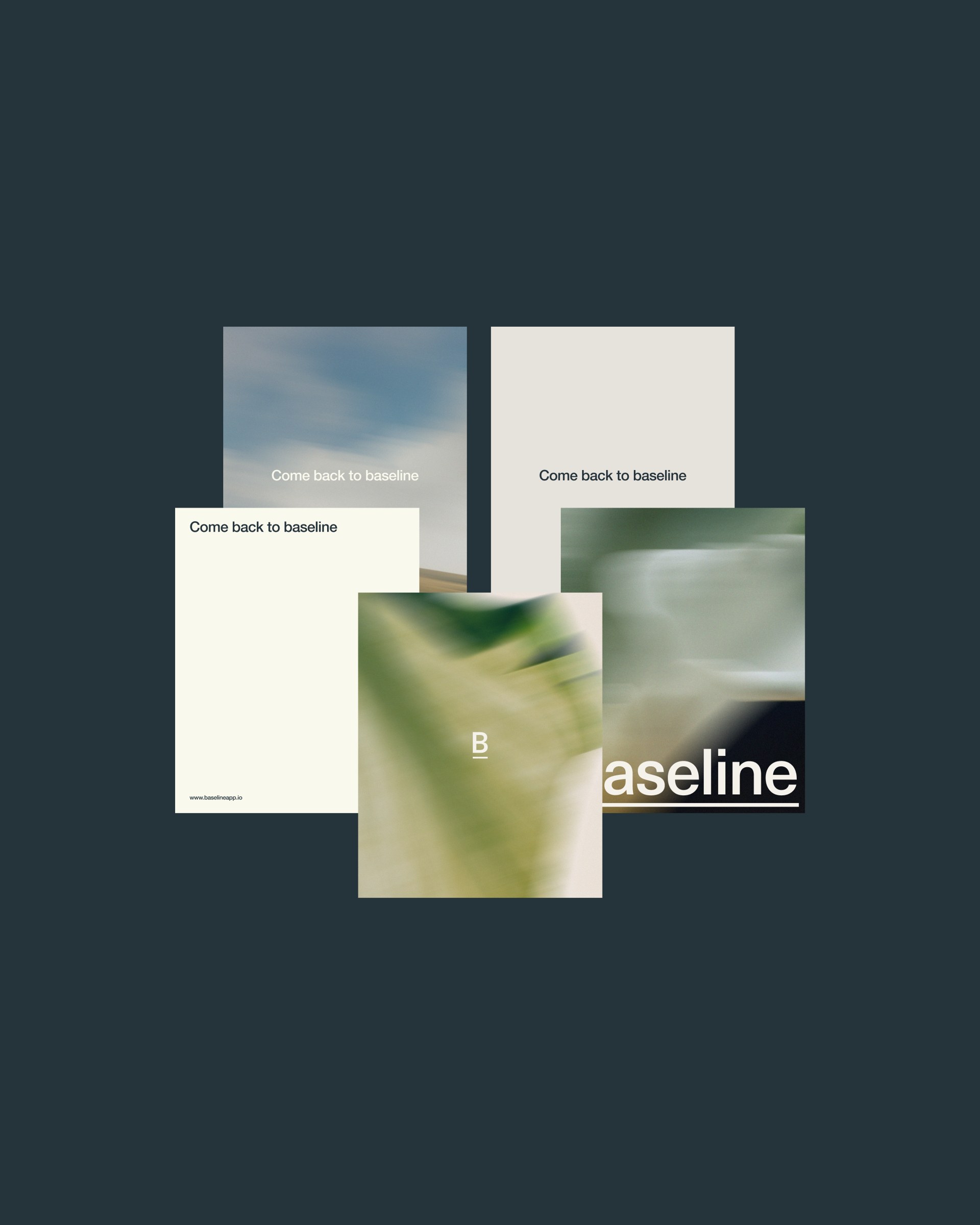 Baseline brand collateral flatlay of cards and colour swatches in muted tones