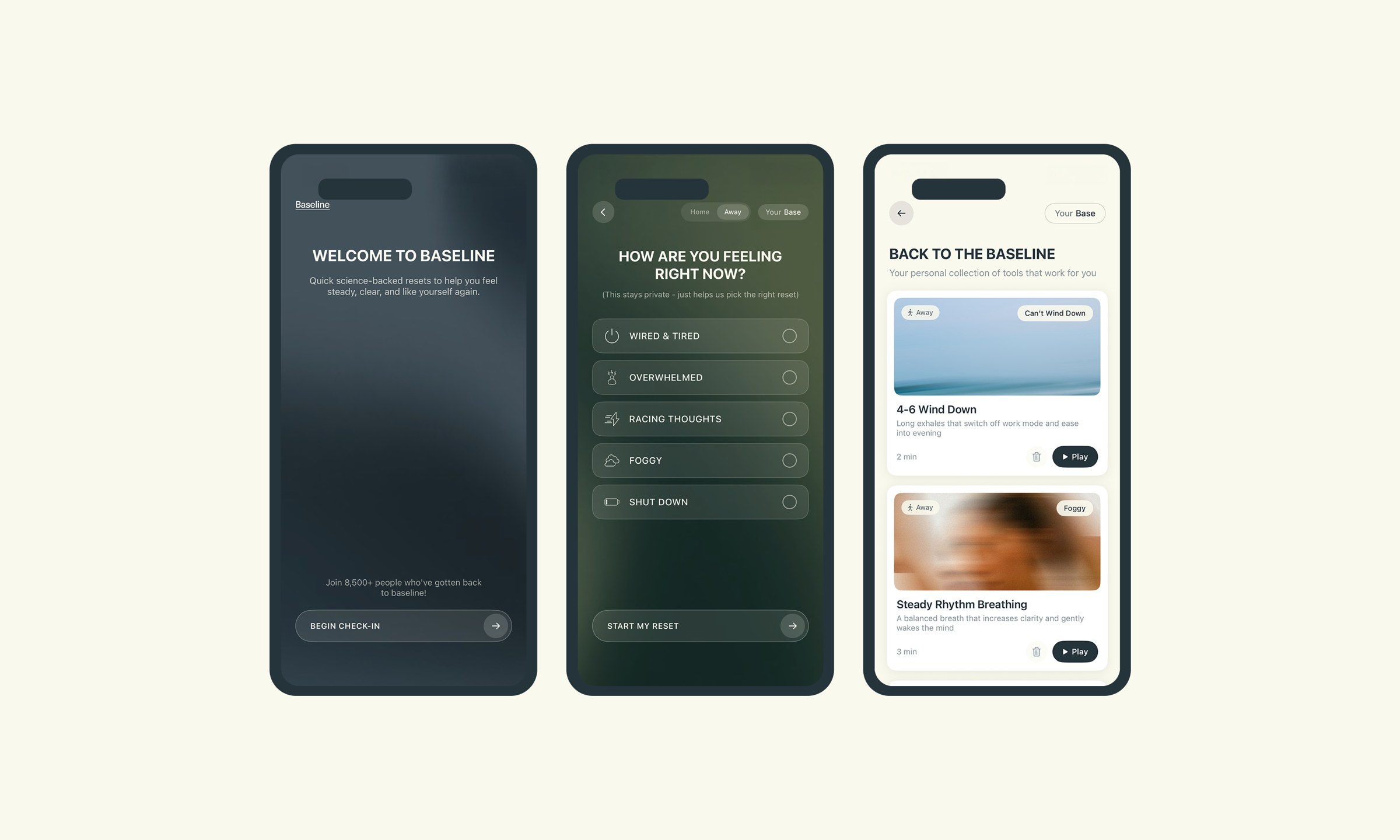 Baseline app shown across two phone screens on a soft cream background