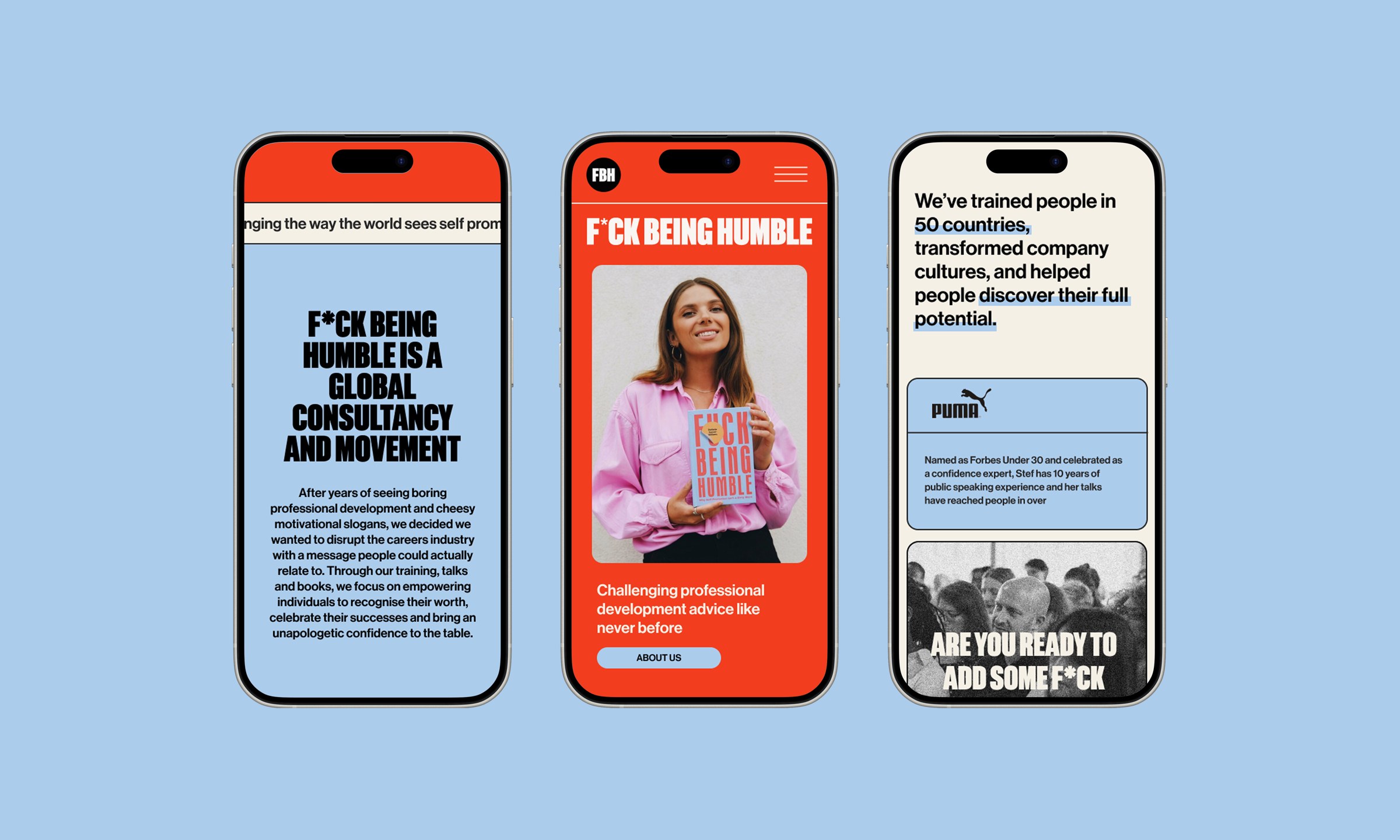 F*ck Being Humble website shown across three phones on a blue background