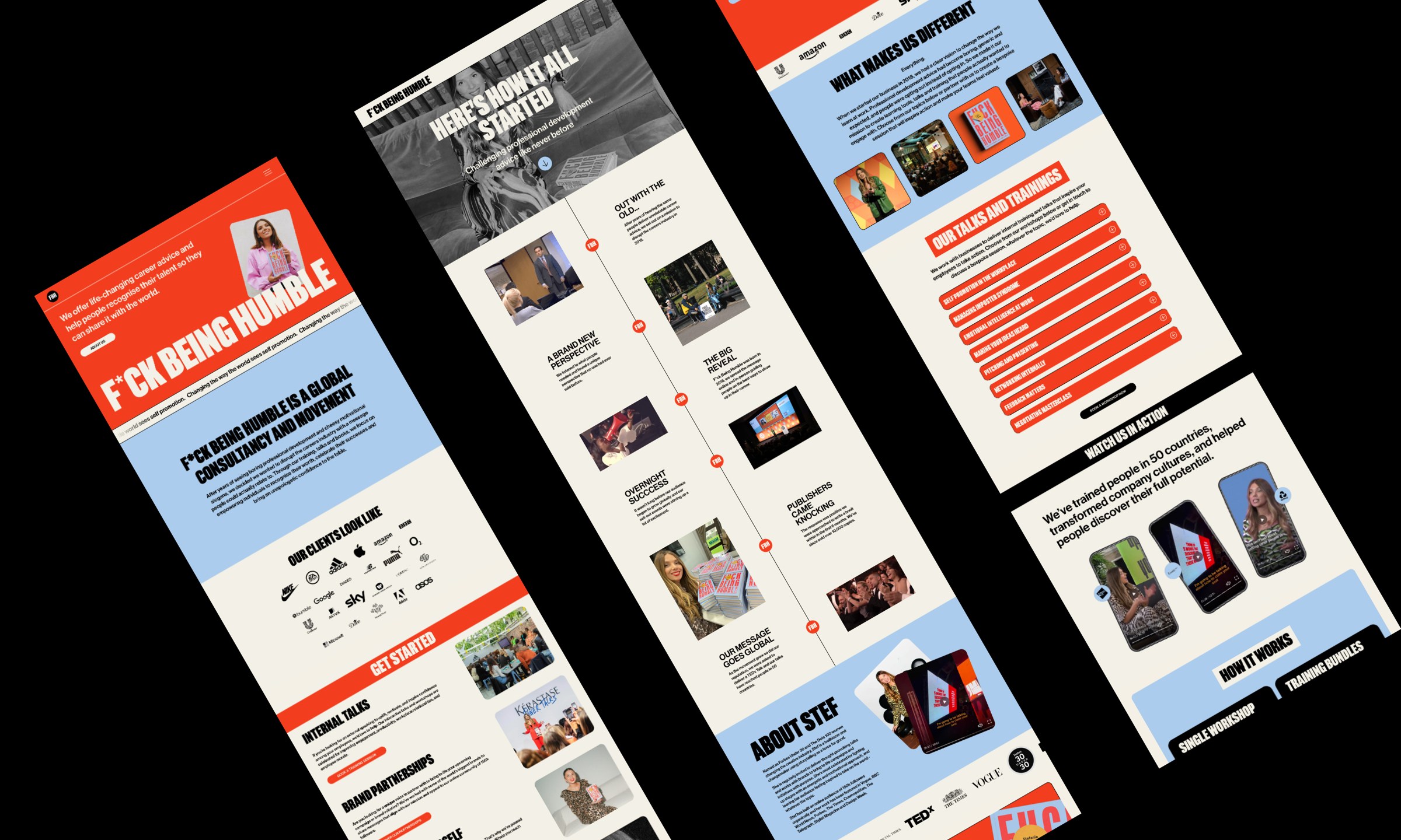 F*ck Being Humble website page layouts arranged on a black background