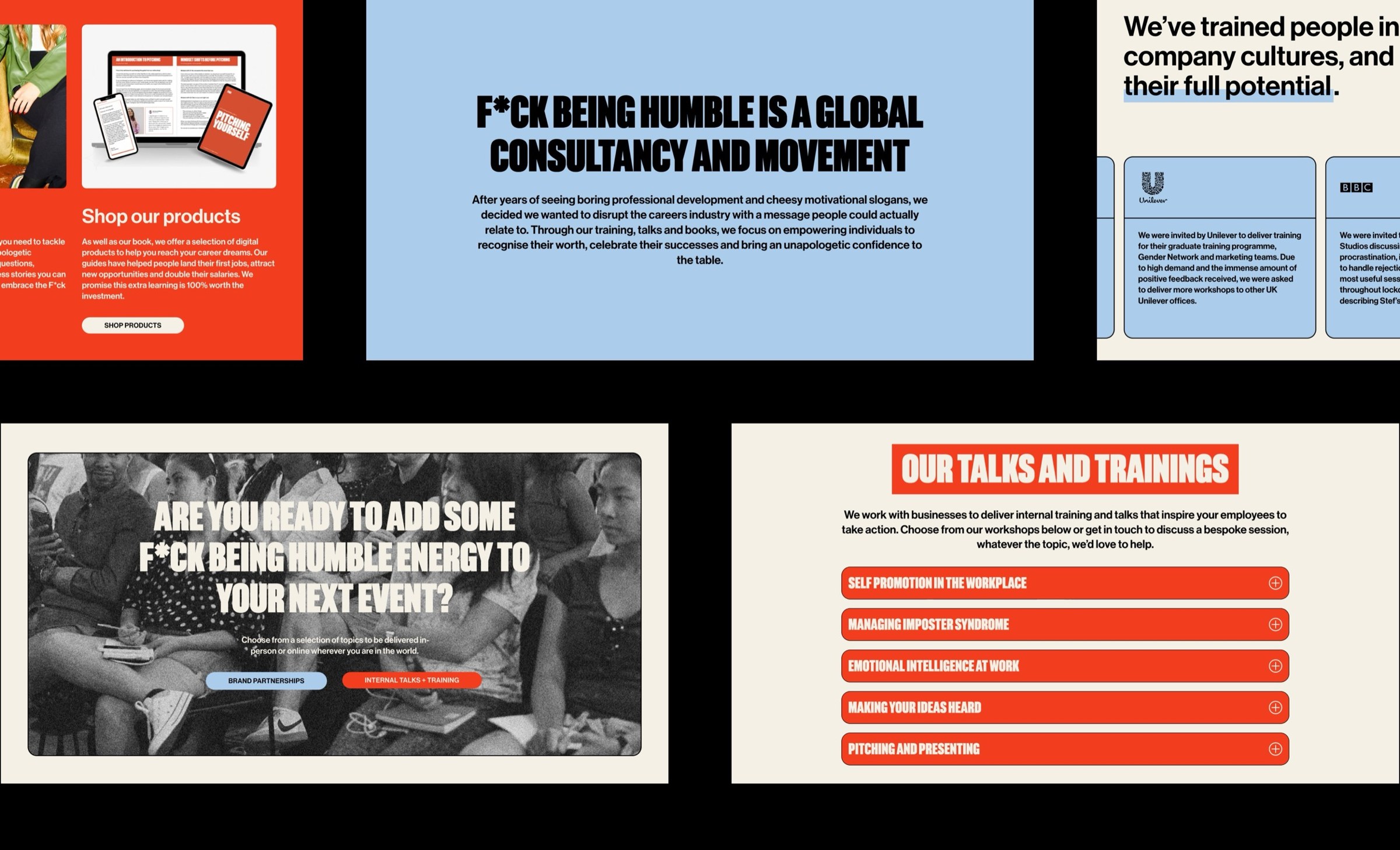 F*ck Being Humble website screens displayed on a black background