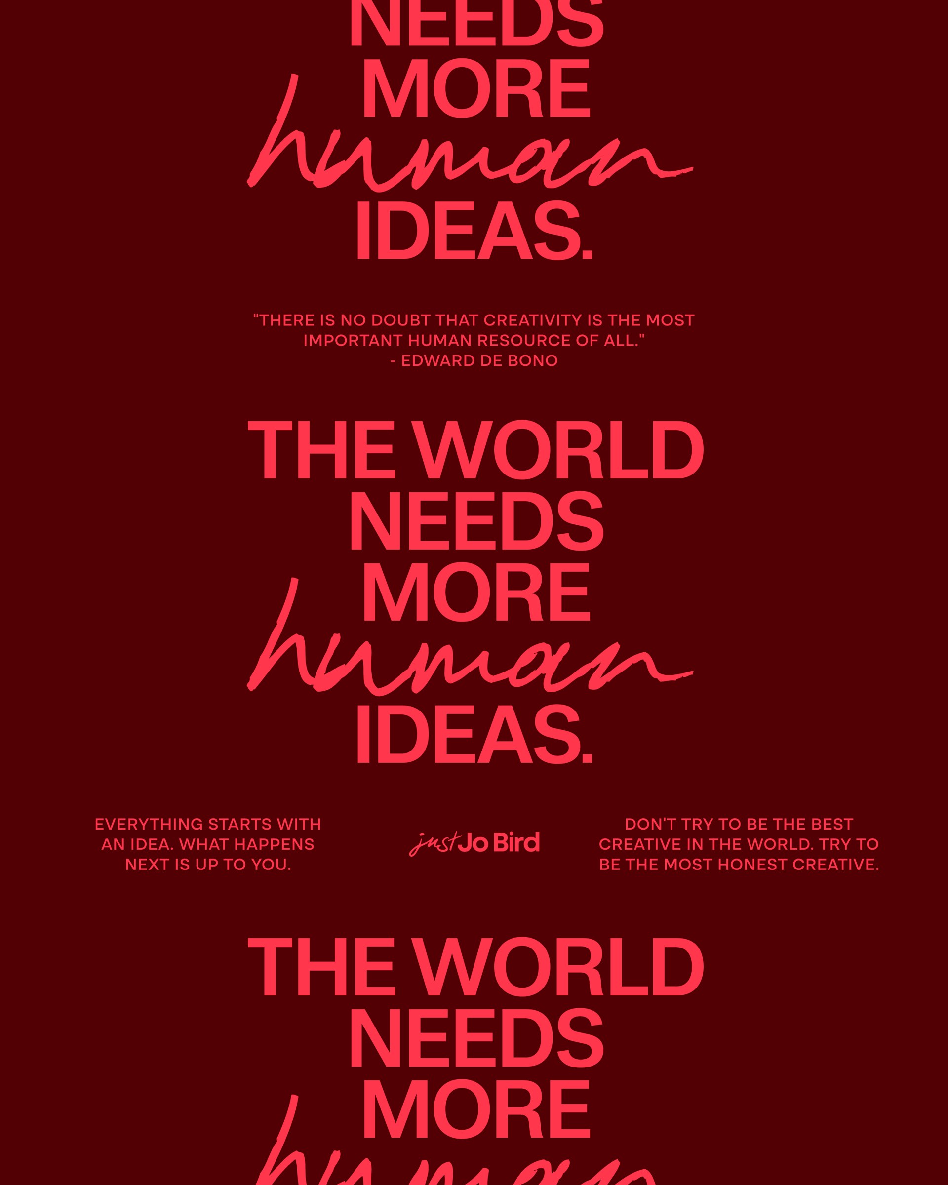 Jo Bird red typography carousel slide with repeating brand messaging
