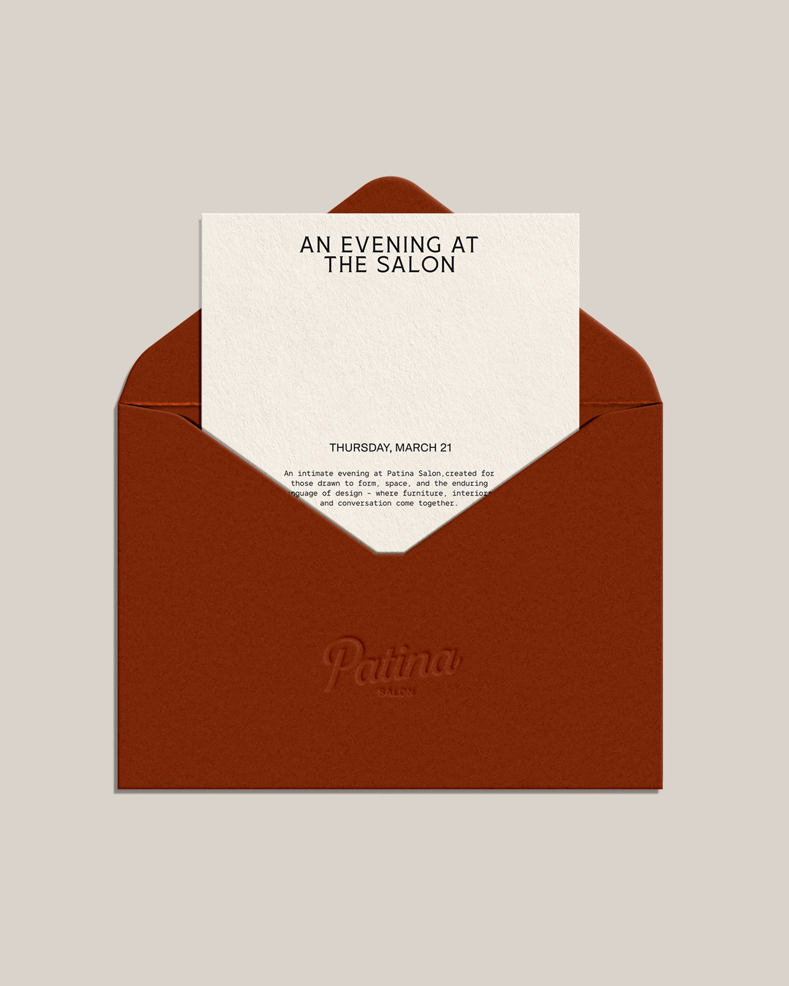 Patina branded envelope and stationery in rust and cream