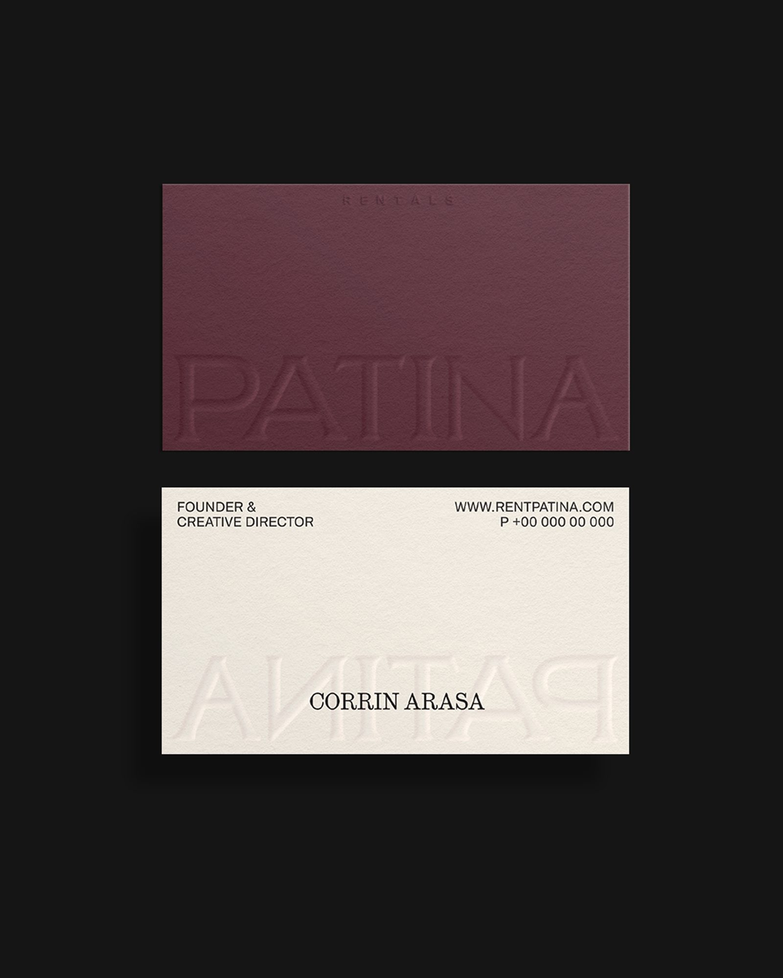 Patina brand collateral, plum booklet and card on black
