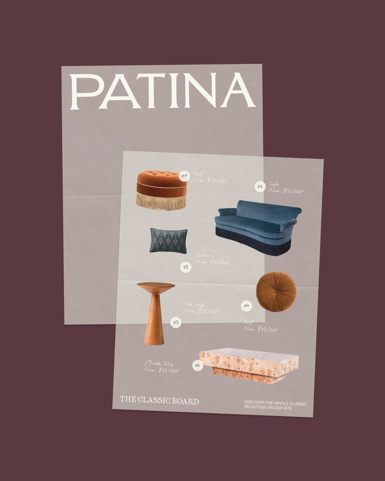 Patina product mood board on plum
