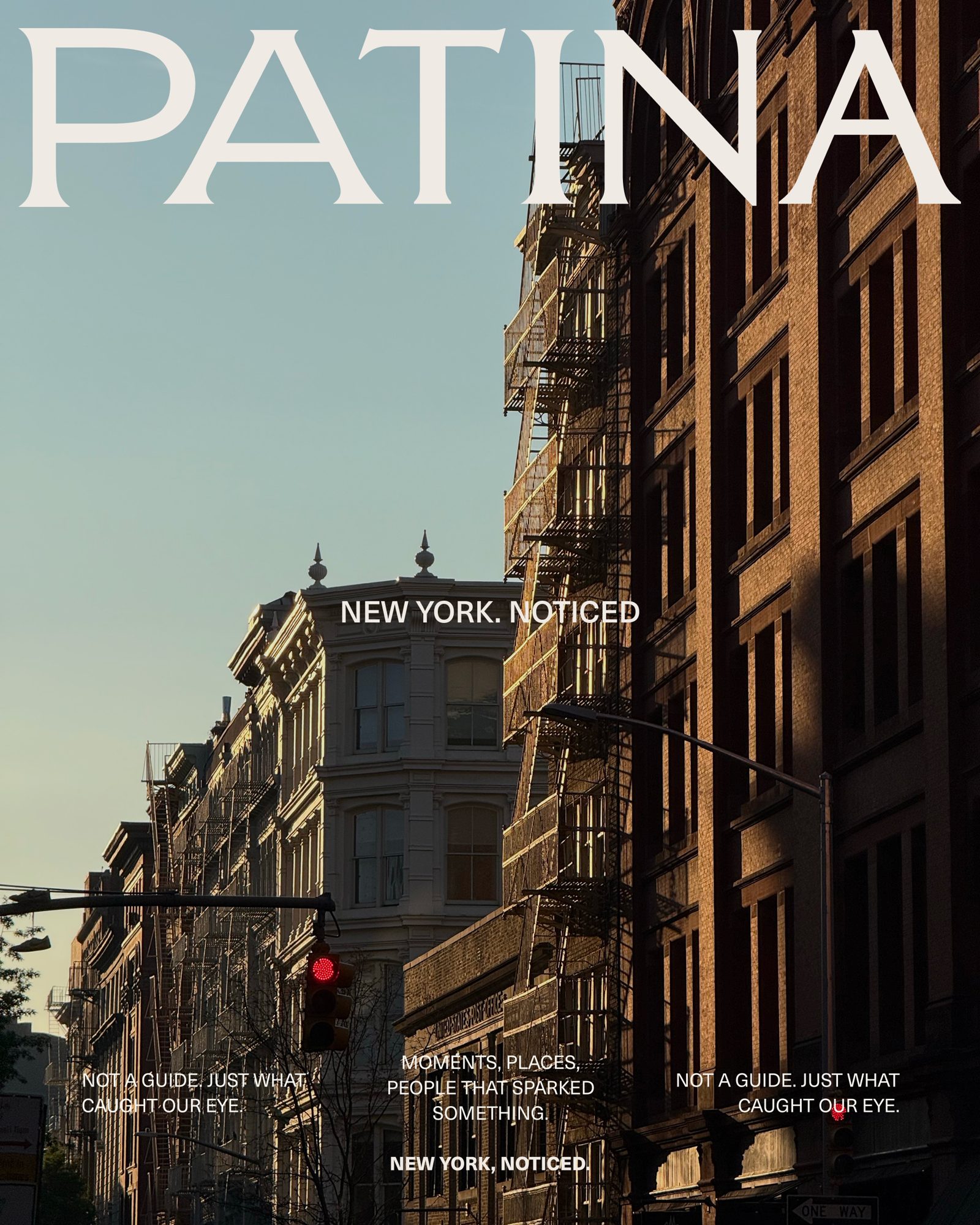 Patina New York poster over a city building facade
