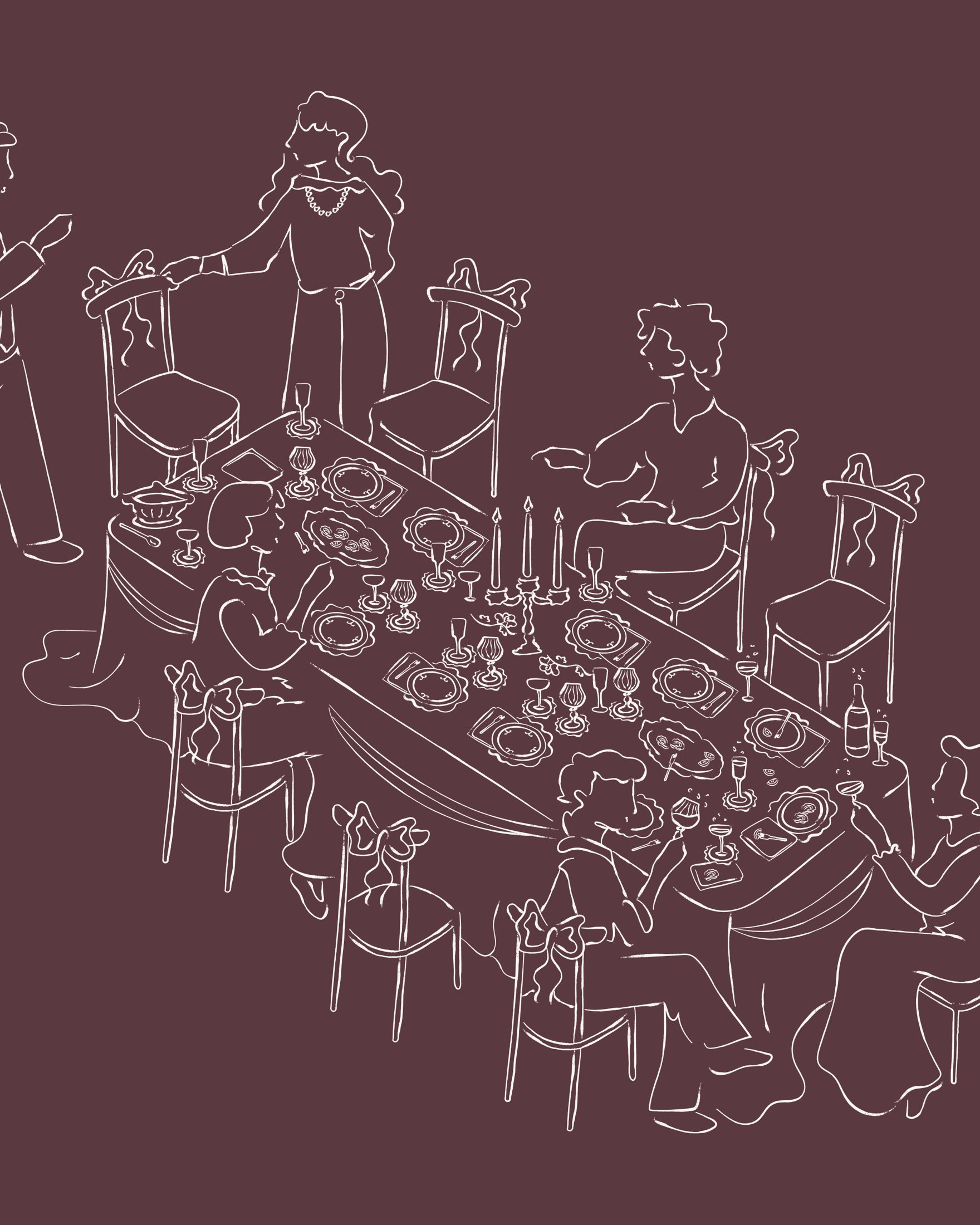 Patina plum line illustration of a dinner gathering around a table