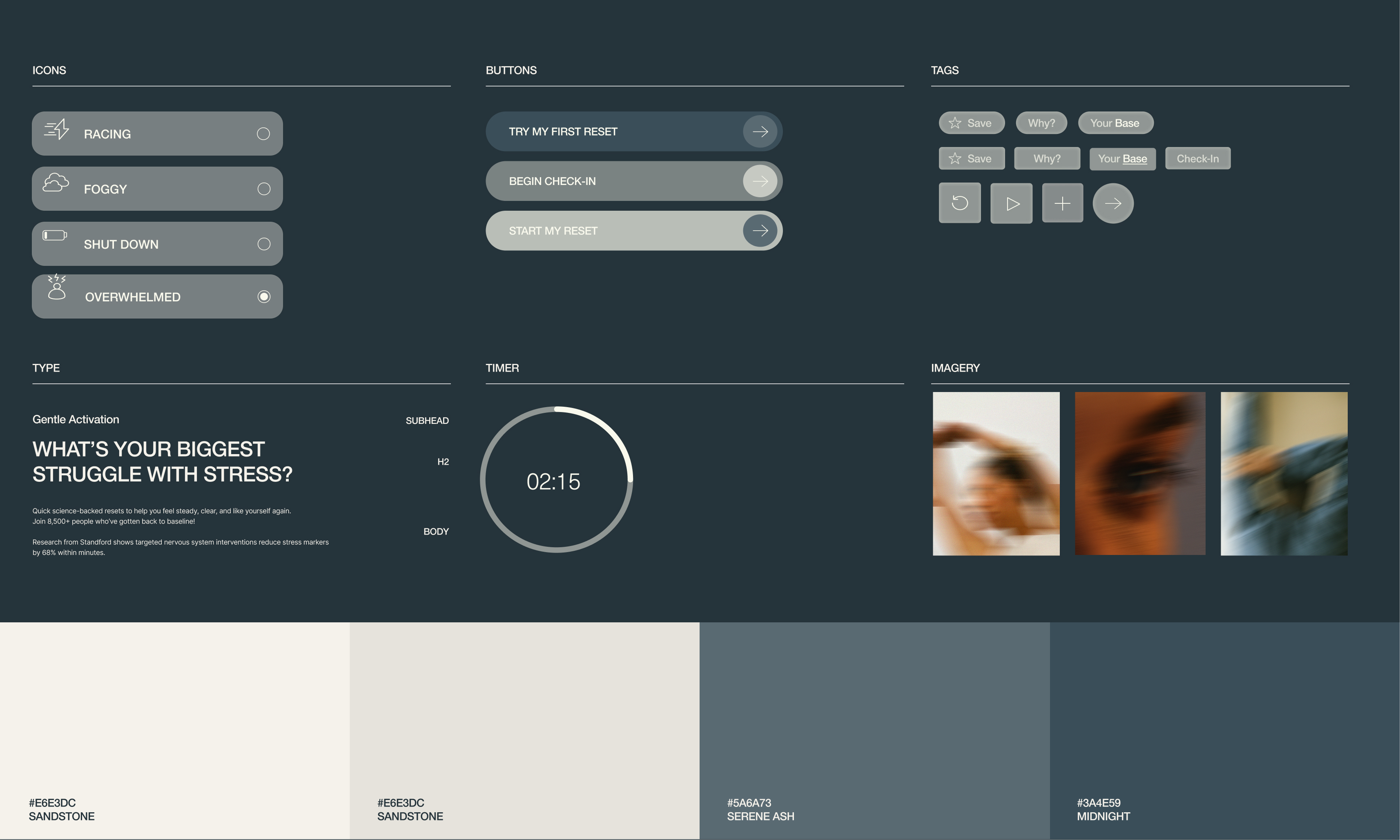 Baseline design system overview showing icons, buttons, tags, typography, timer and the Sandstone, Serene Ash and Midnight colour palette