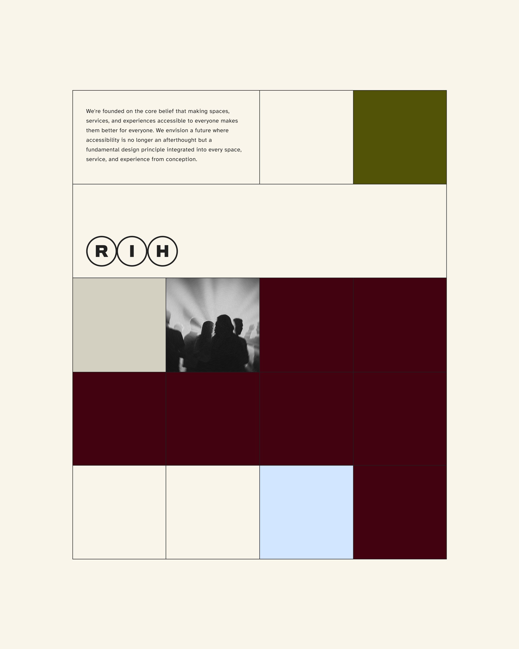 Real Impact Hub brand layout with the RIH monogram, colour blocks and a group silhouette