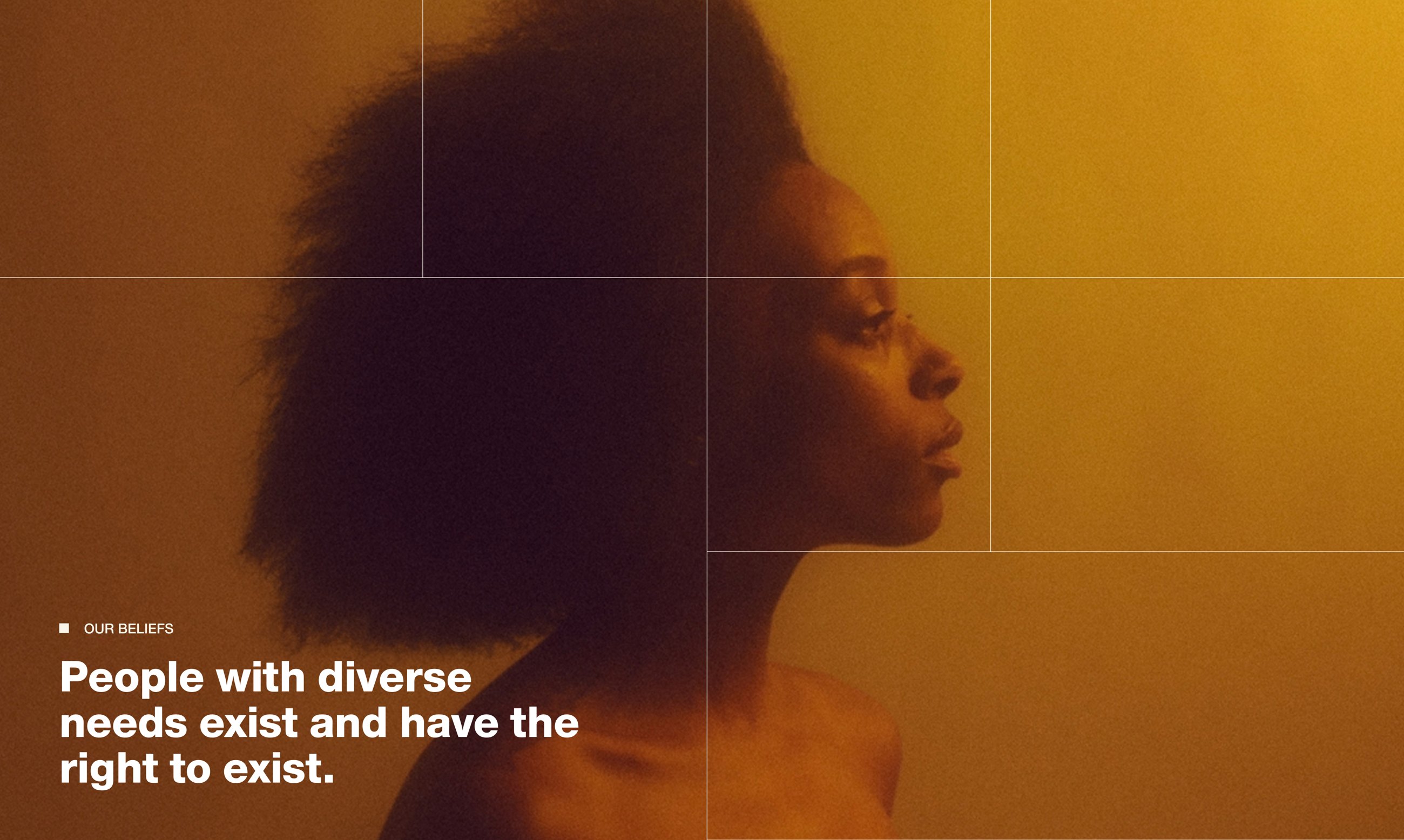 Real Impact Hub belief statement that people with diverse needs have the right to exist, over a profile portrait