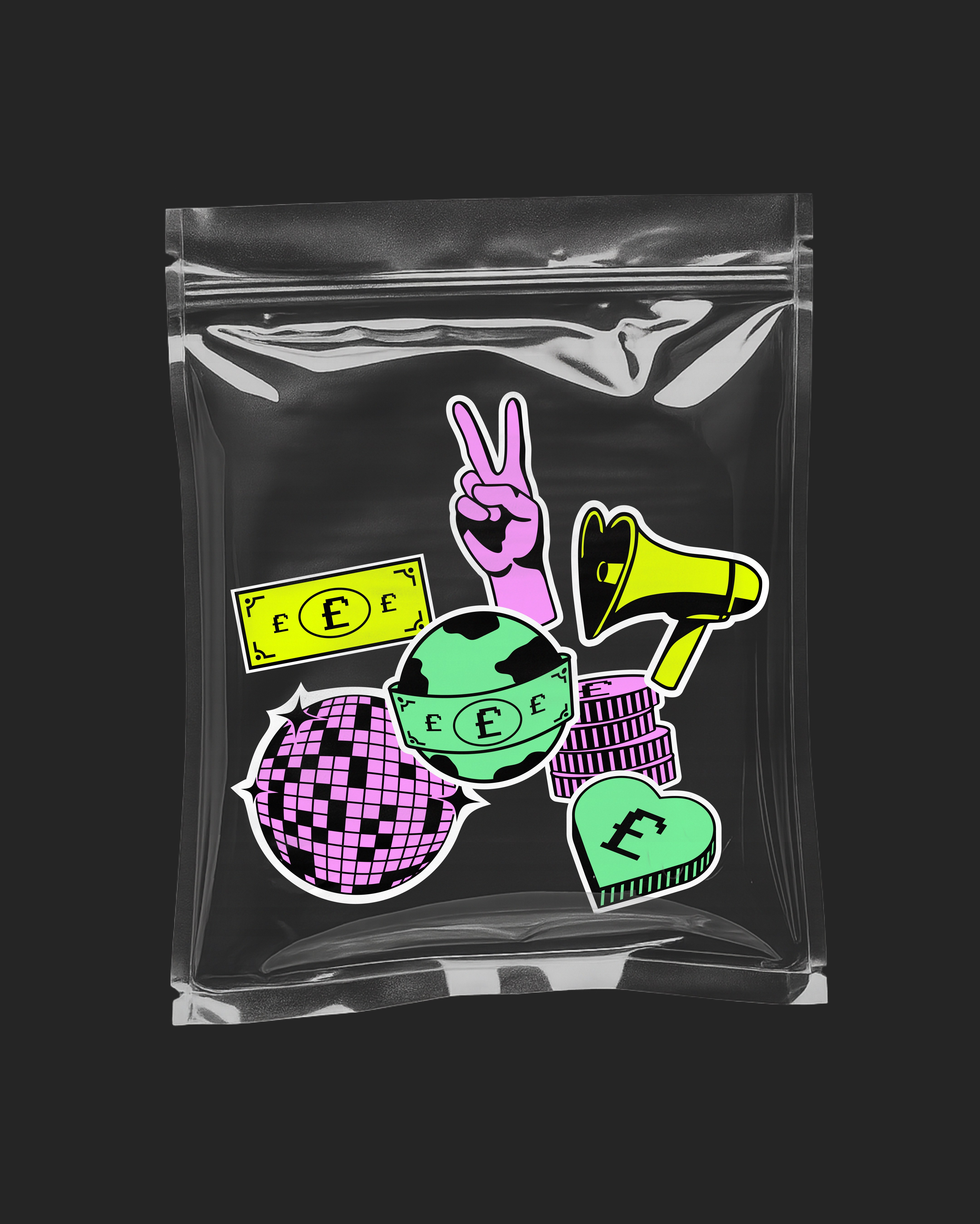 Found & Flourish branded sticker pack with peace hand, megaphone, disco ball and pound-sign motifs