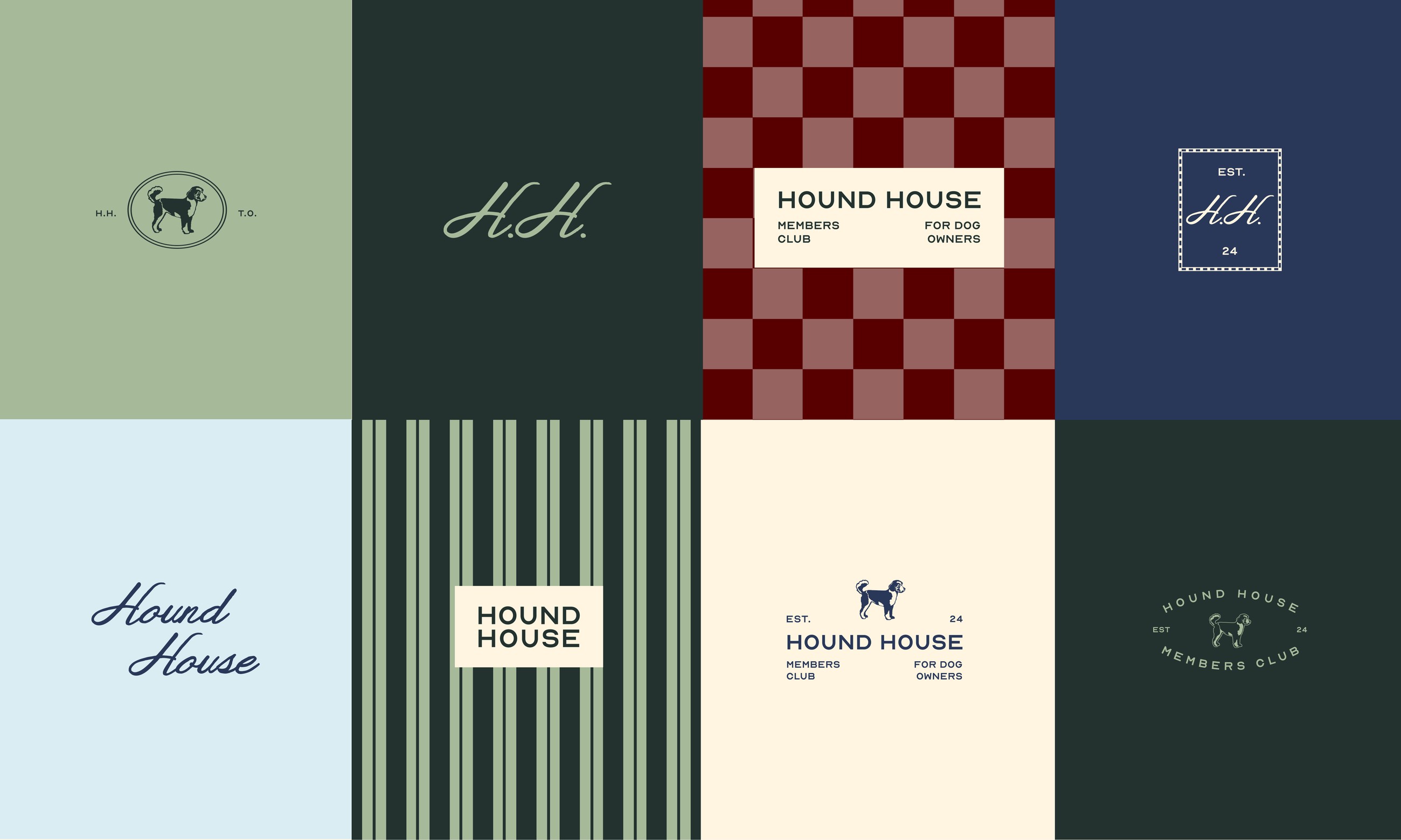 Hound House logo suite — primary, script and monogram lockups in navy, sage and cream across eight brand panels