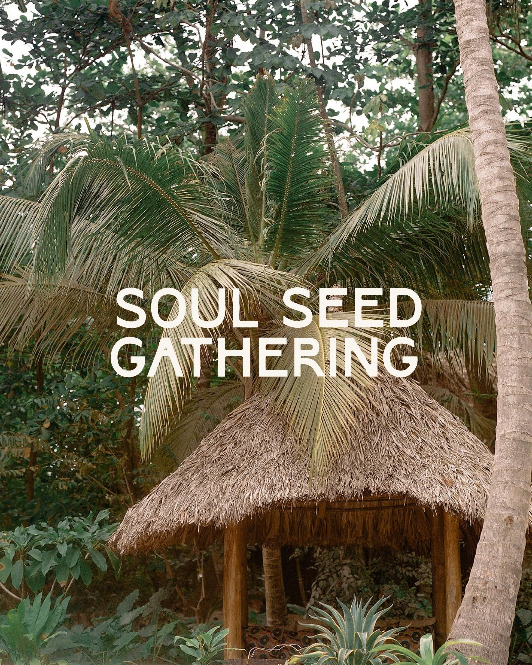 Soul Seed Gathering wordmark set over a lush jungle scene with palm fronds and a thatched hut