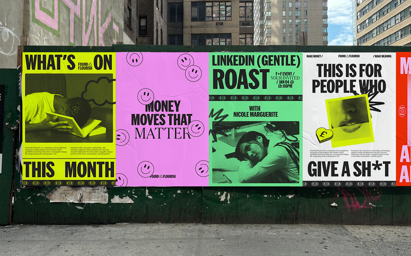 Found & Flourish brand posters for founder Lara Sheldrake pasted on a city street wall