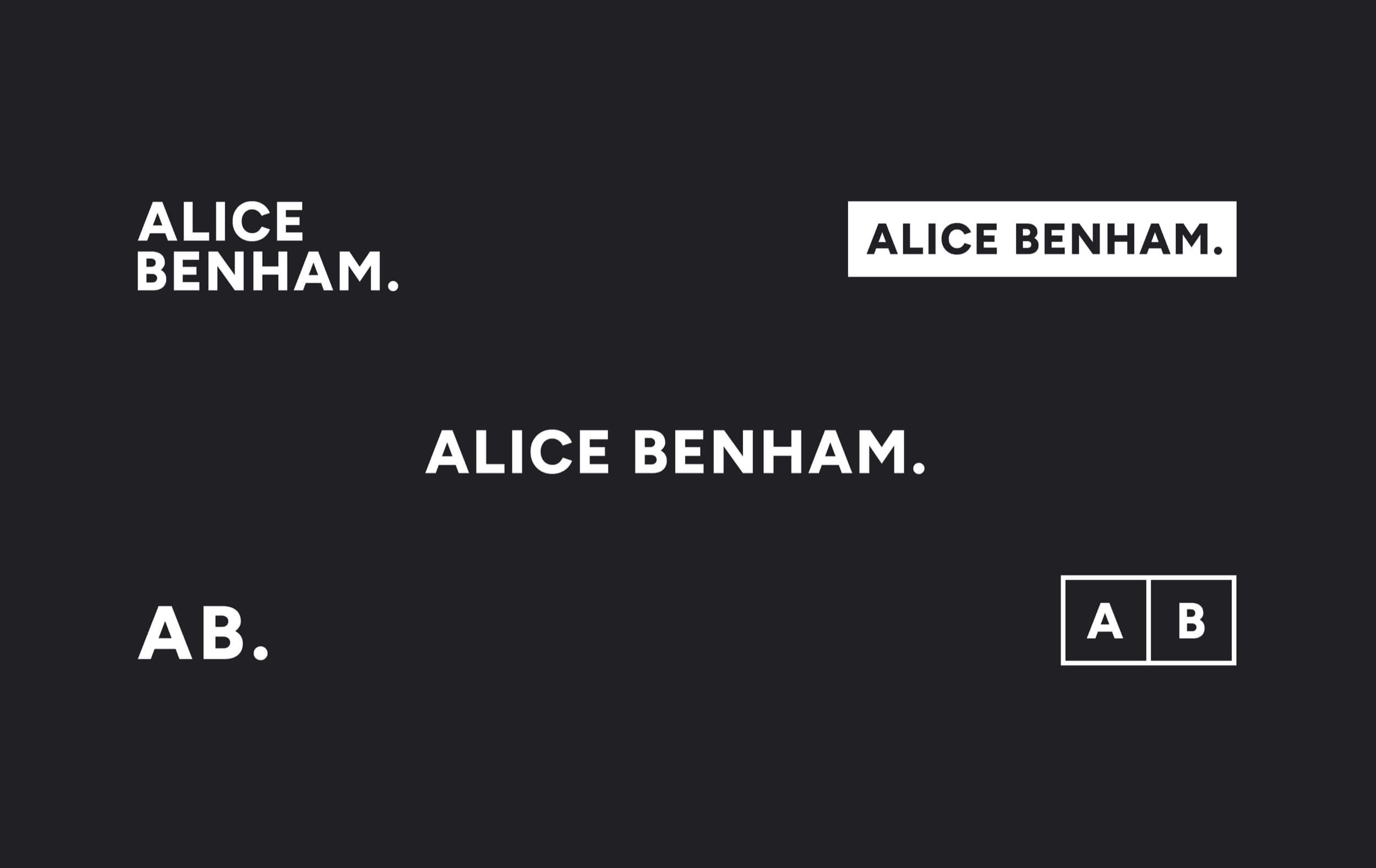 Alice Benham logo suite: wordmark, stacked logo and AB monogram in white on a charcoal background