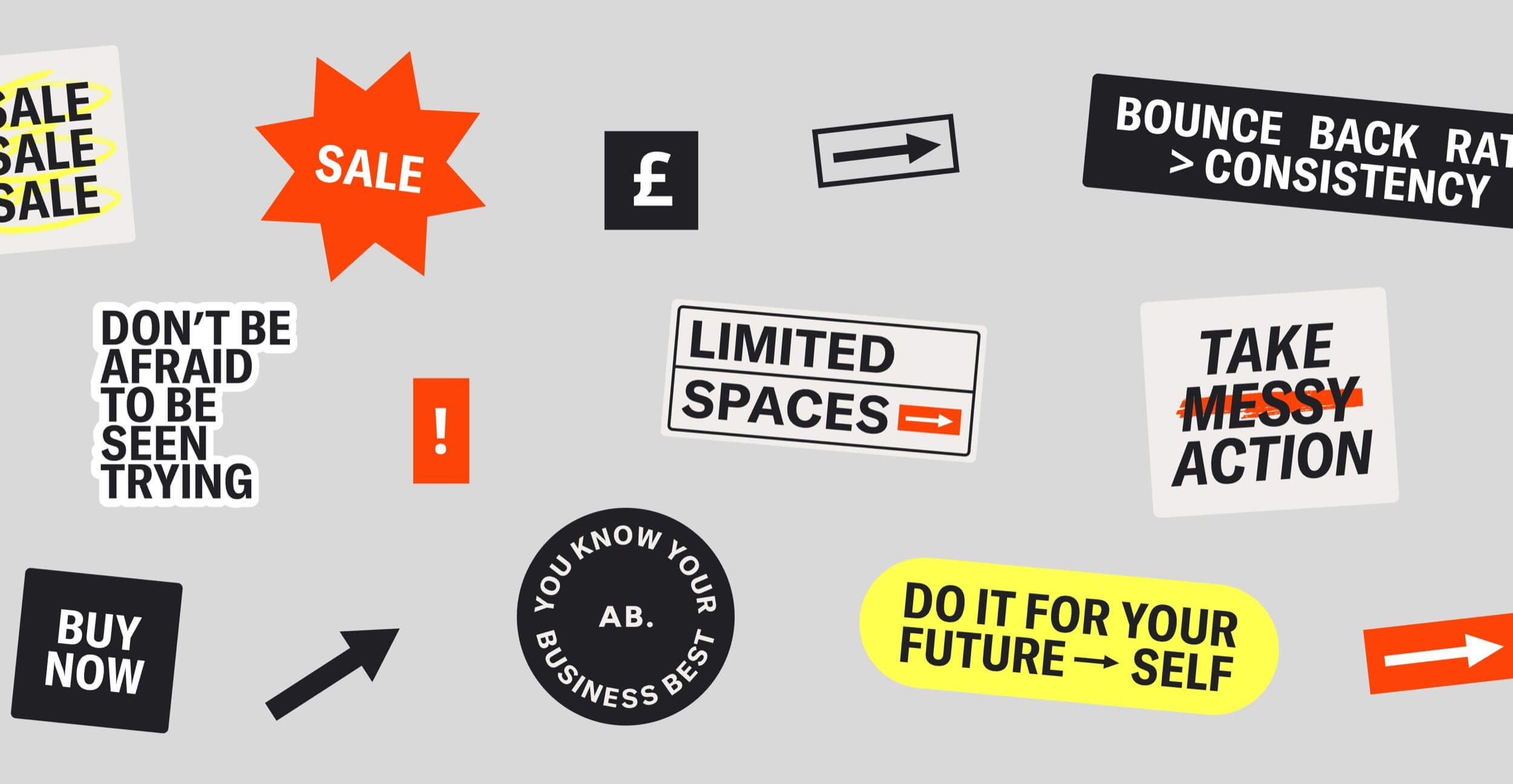 Alice Benham sticker set in red, yellow and black with bold slogans like Take Messy Action