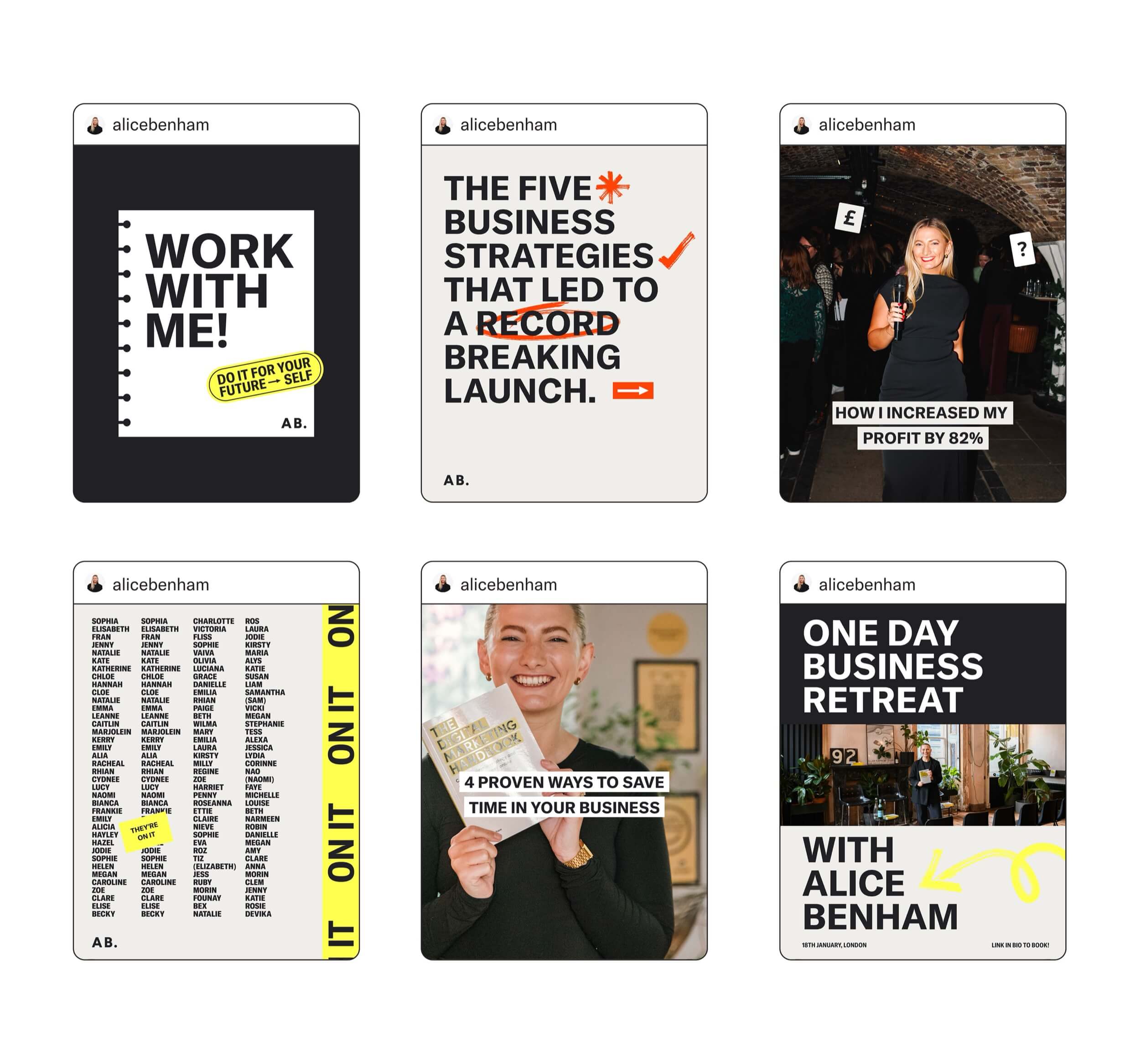 Alice Benham Instagram carousel templates for offers, strategy tips and her one-day business retreat