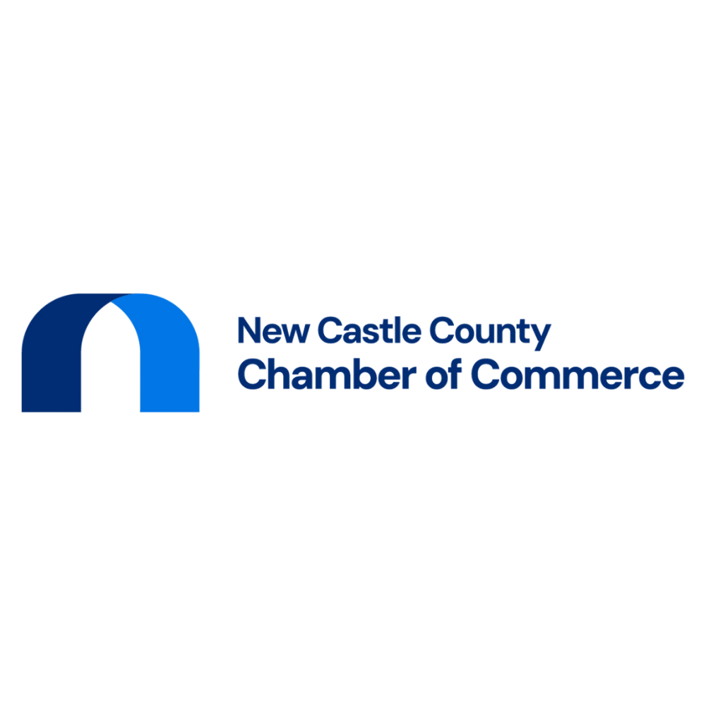 Logo with stylized arch composed of two overlapping curved shapes in dark and light blue next to the text 'New Castle County Chamber of Commerce' in blue.