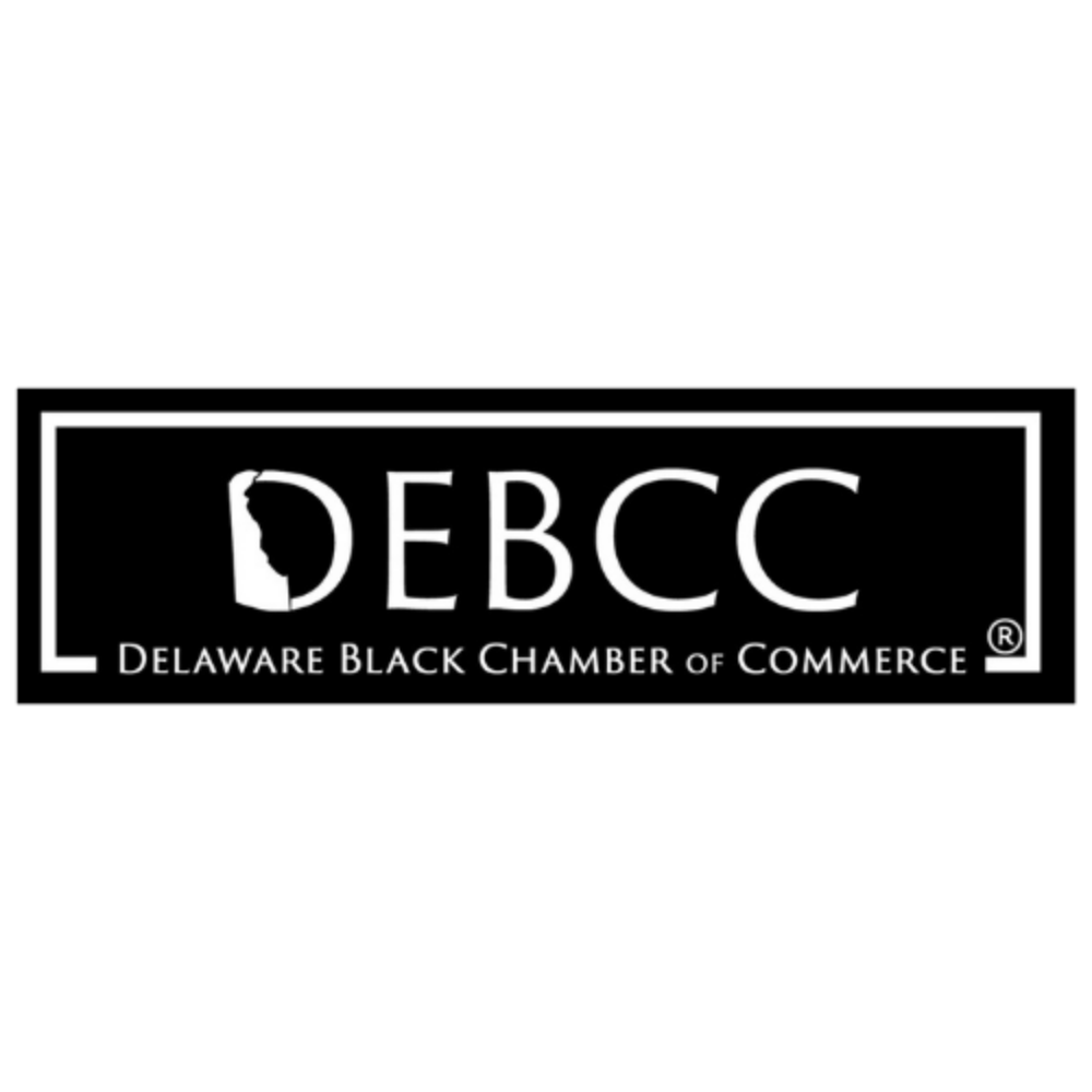 Logo for Delaware Black Chamber of Commerce with the acronym DEBCC inside a rectangular border, featuring a silhouette of Delaware state shape inside the letter D.