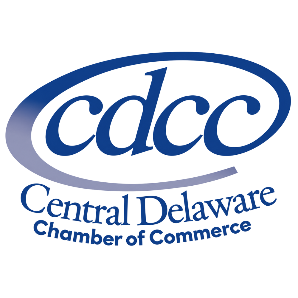 Logo for Central Delaware Chamber of Commerce with blue letters c d c enclosed by a swoosh above the text.