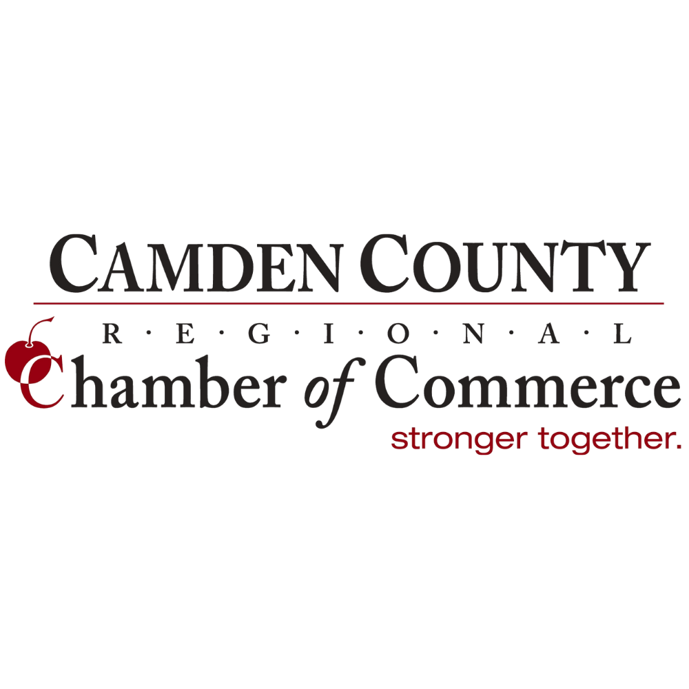 Logo of Camden County Regional Chamber of Commerce with a red apple graphic and the tagline 'stronger together.'