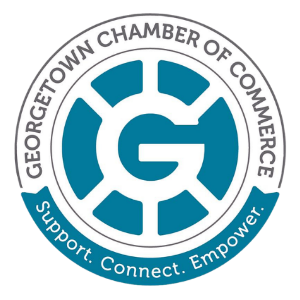 Logo of Georgetown Chamber of Commerce featuring a stylized 'G' at the center with a circular segmented design around it, and the text 'Support. Connect. Empower.' curved along the bottom.